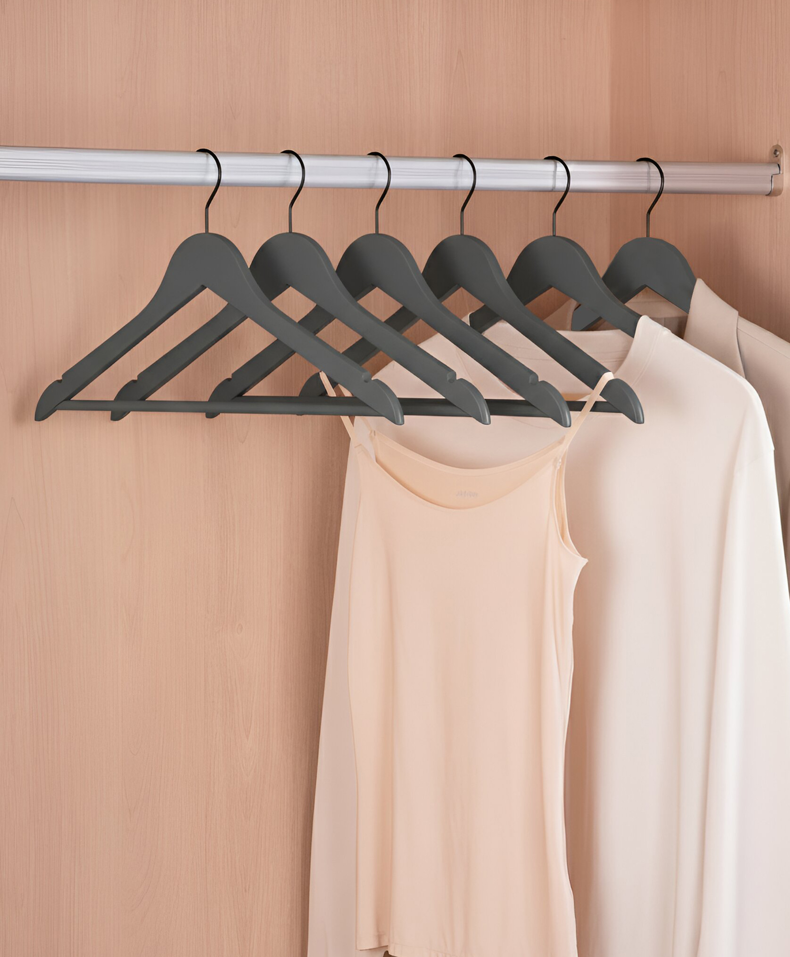 STOR Wooden Shirt Hanger with Ribbed Bar | Ash Gray | Set of 5-image-15