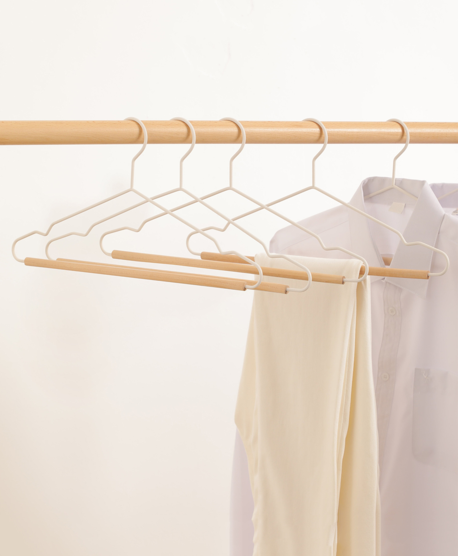 STOR Metal Shirt Hanger with Wooden Bar | Ecru + Natural | Set of 3-image-46