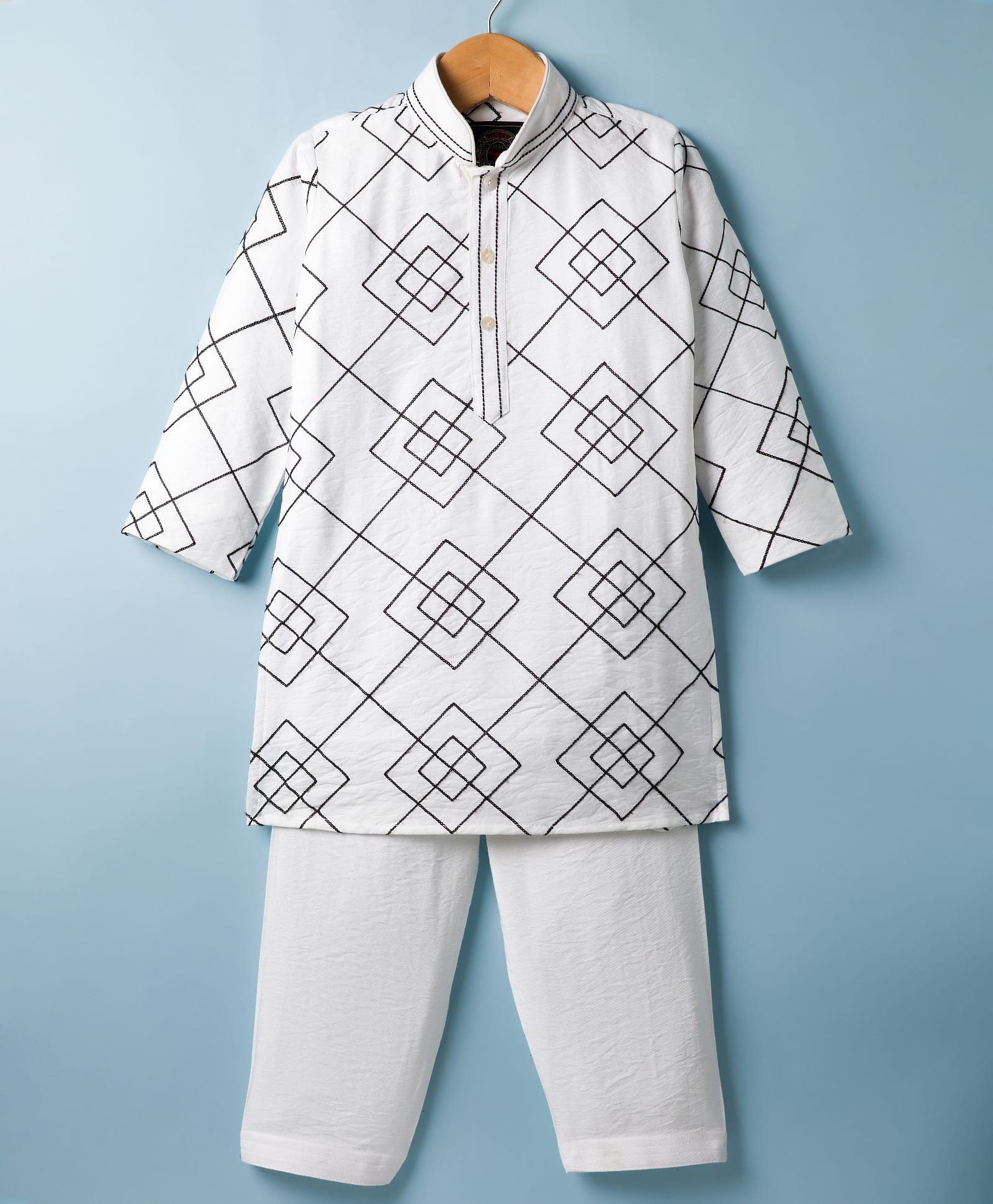 Little Bull Full Sleeves Geometric Embroidered Kurta Pyjama Set - White-picture-25