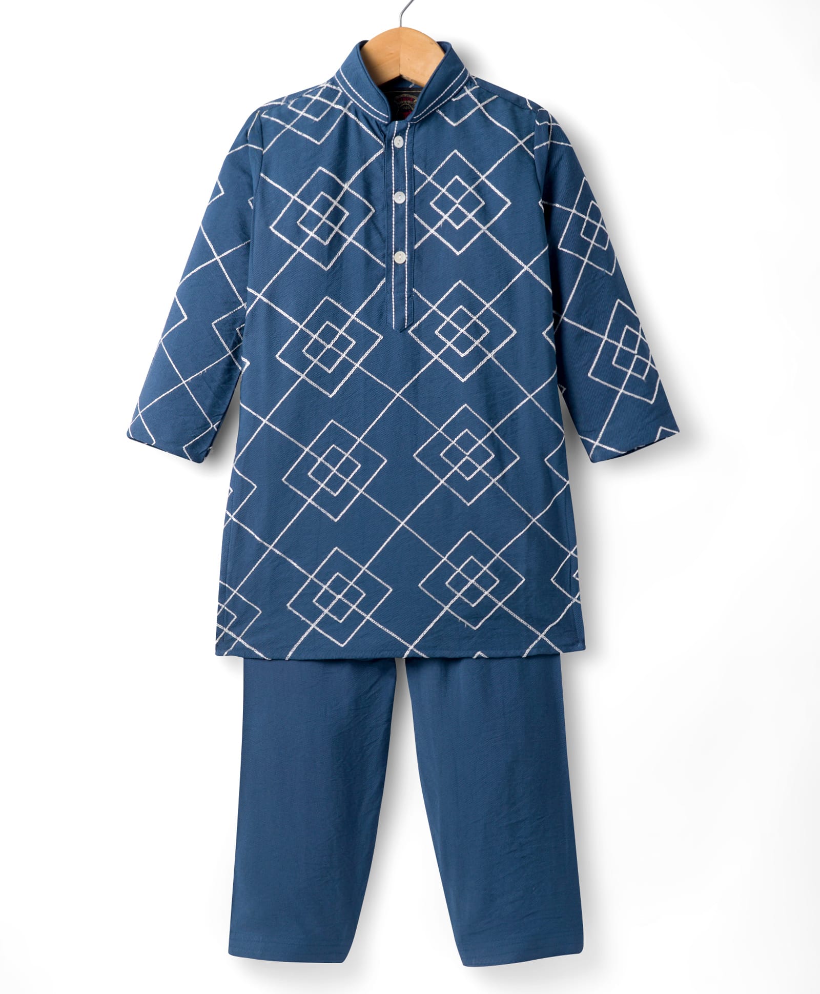 Little Bull Full Sleeves Geometric Embroidered Kurta Pyjama Set - Blue-picture-32