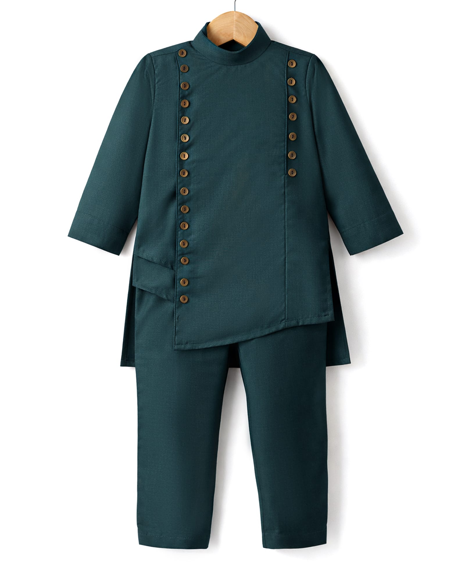 Little Bull Full Sleeves Button Embellished Kurta Pyjama Set - Green-picture-20