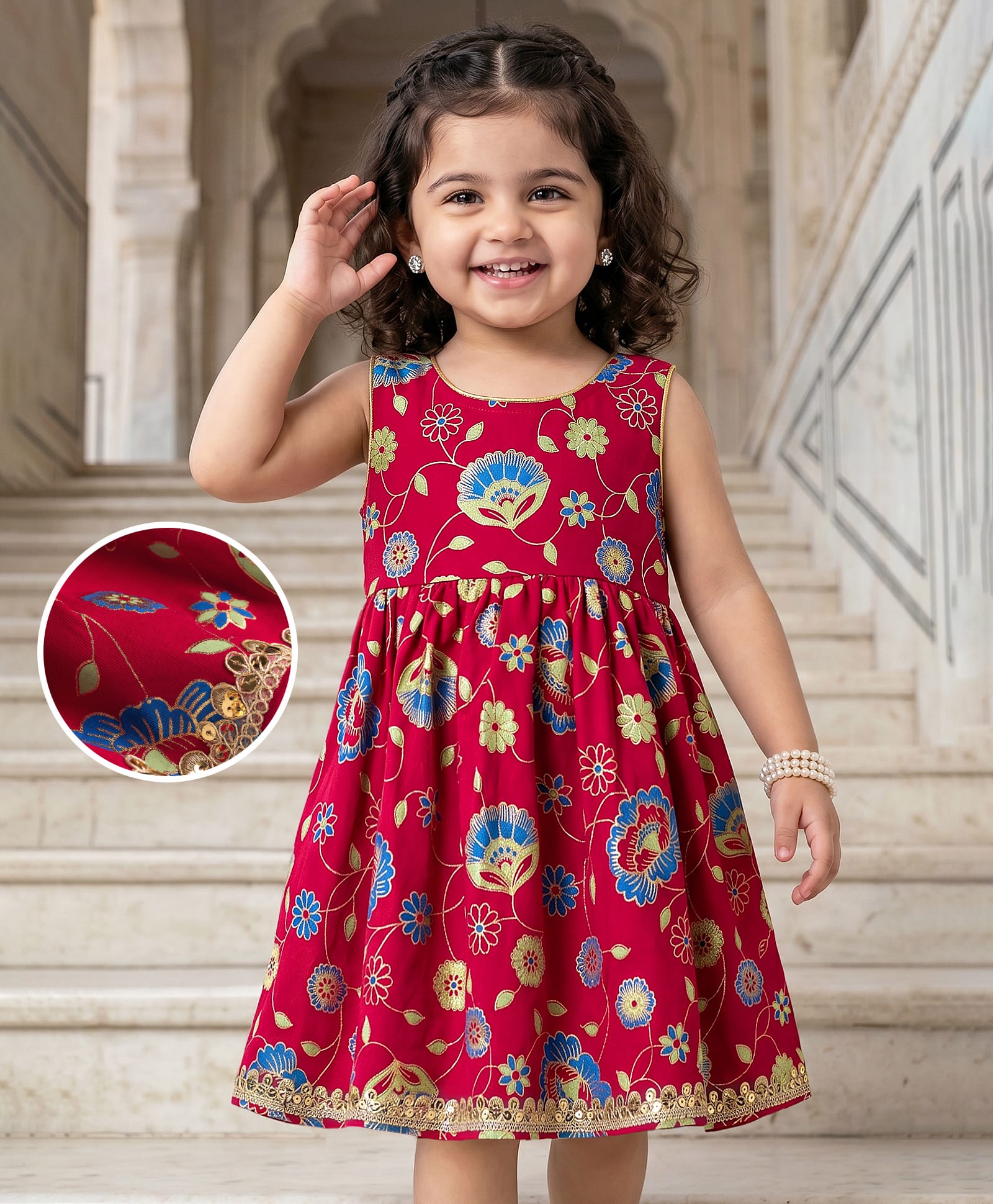 EARTHY TOUCH Cotton Knit Sleeveless Floral Printed Ethnic Dress - Dark Pink-image-13