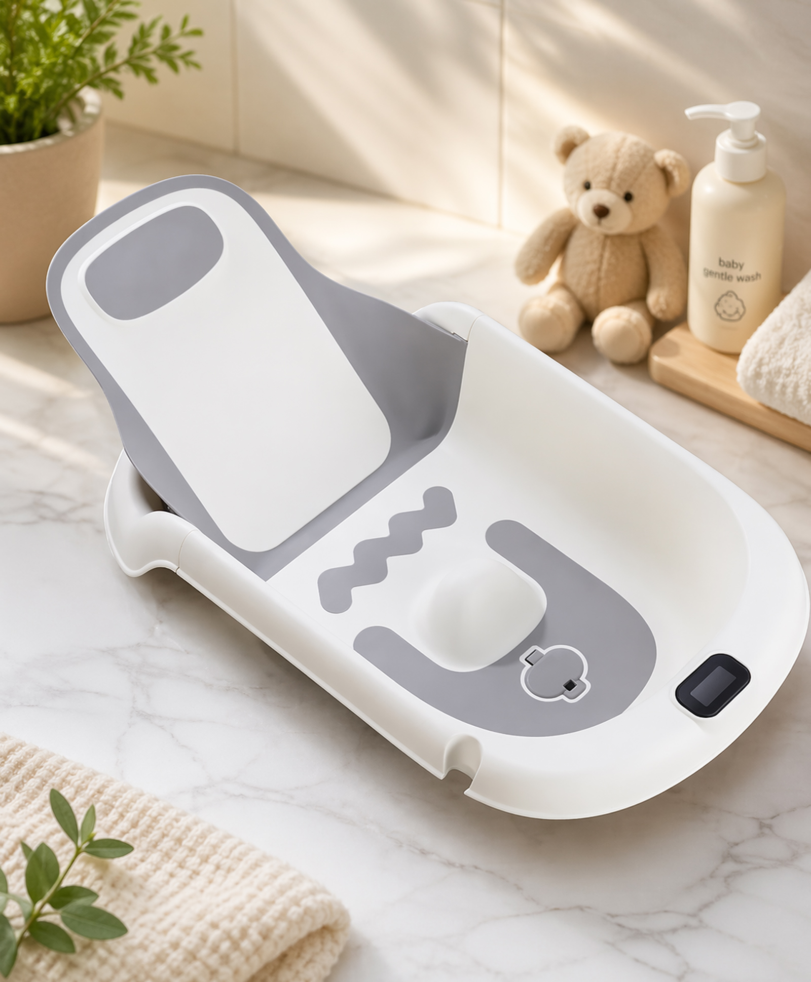 Babyhug ErgoSafe Anti-Slip Multi Utility Baby Bath Tub & Bath Rack - Grey| Adjustable Backrest Recline| Temperature Sensor| Anti-Choking Design| For 02 Years Babies| Drain Plug| Durable Material-image-4