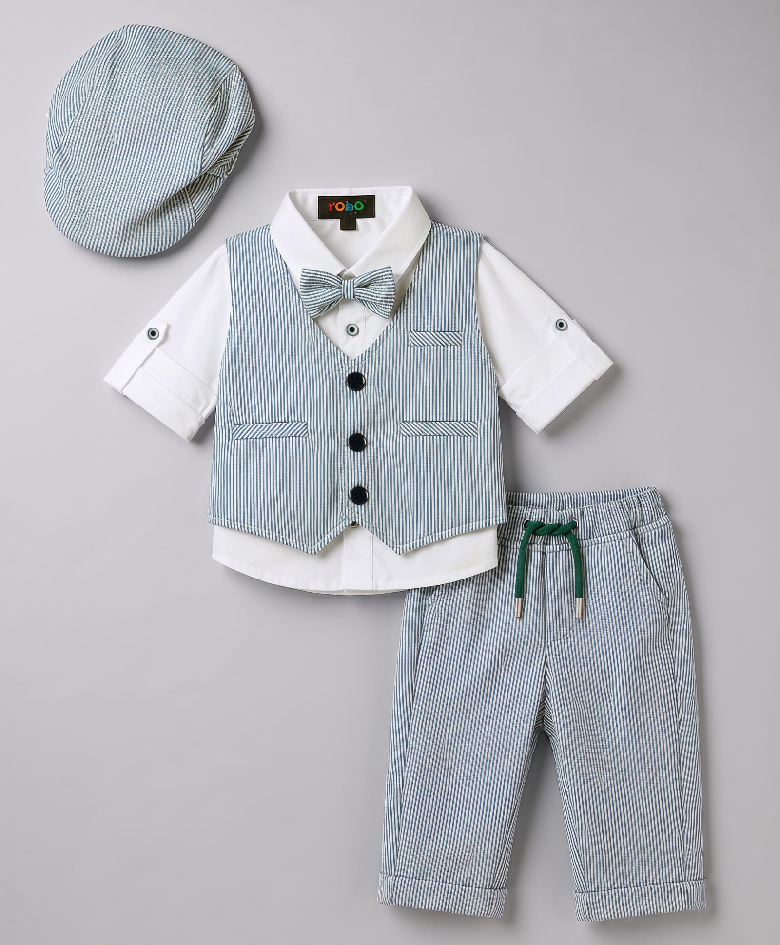 Robo Fry Cotton Woven Full Sleeves Striped 3 Piece Party Suit with Bow & Cap - Blue-picture-35