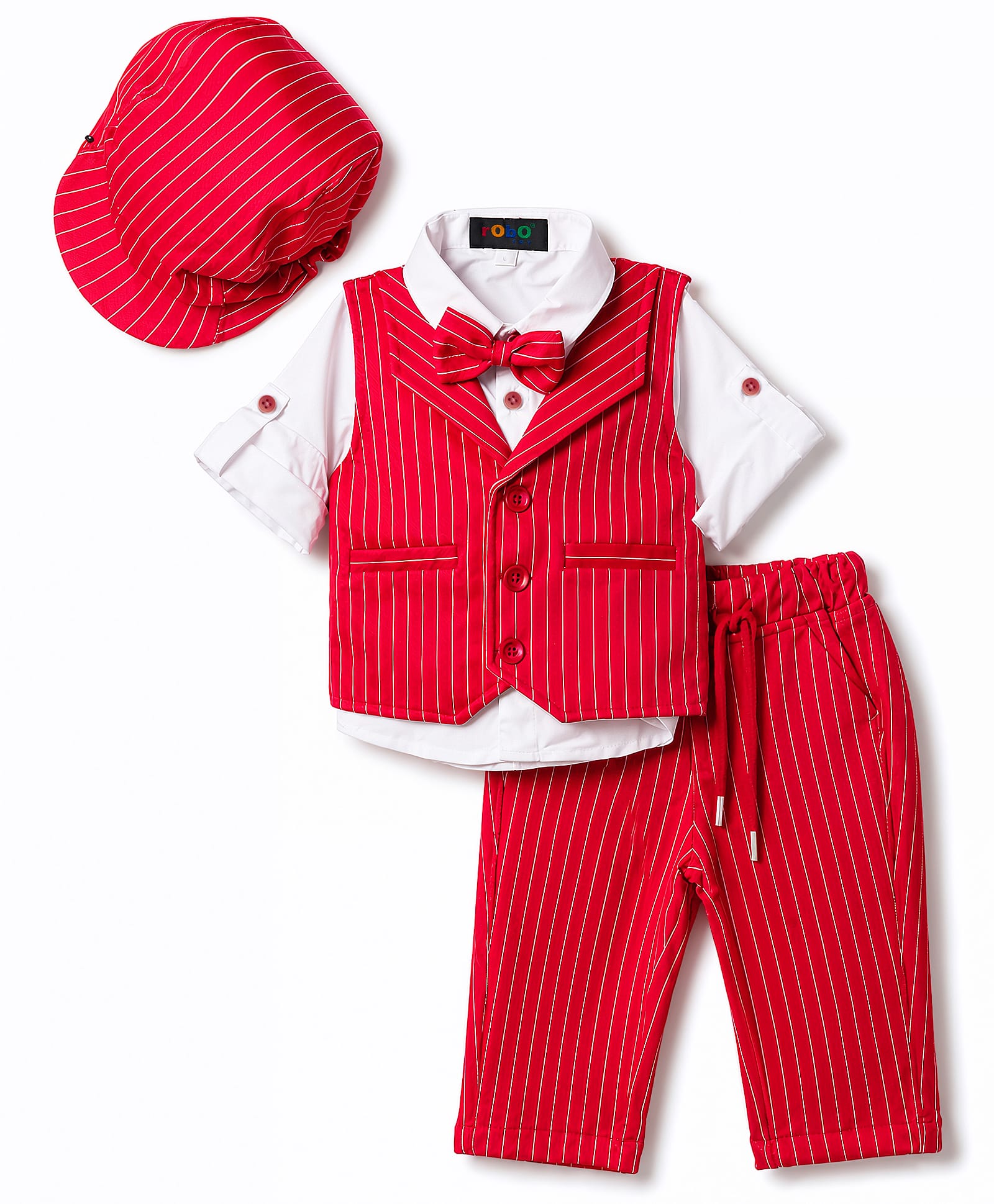 Robo Fry Cotton Woven Full Sleeves Striped 3 Piece Party Suit with Bow & Cap - Red-picture-32