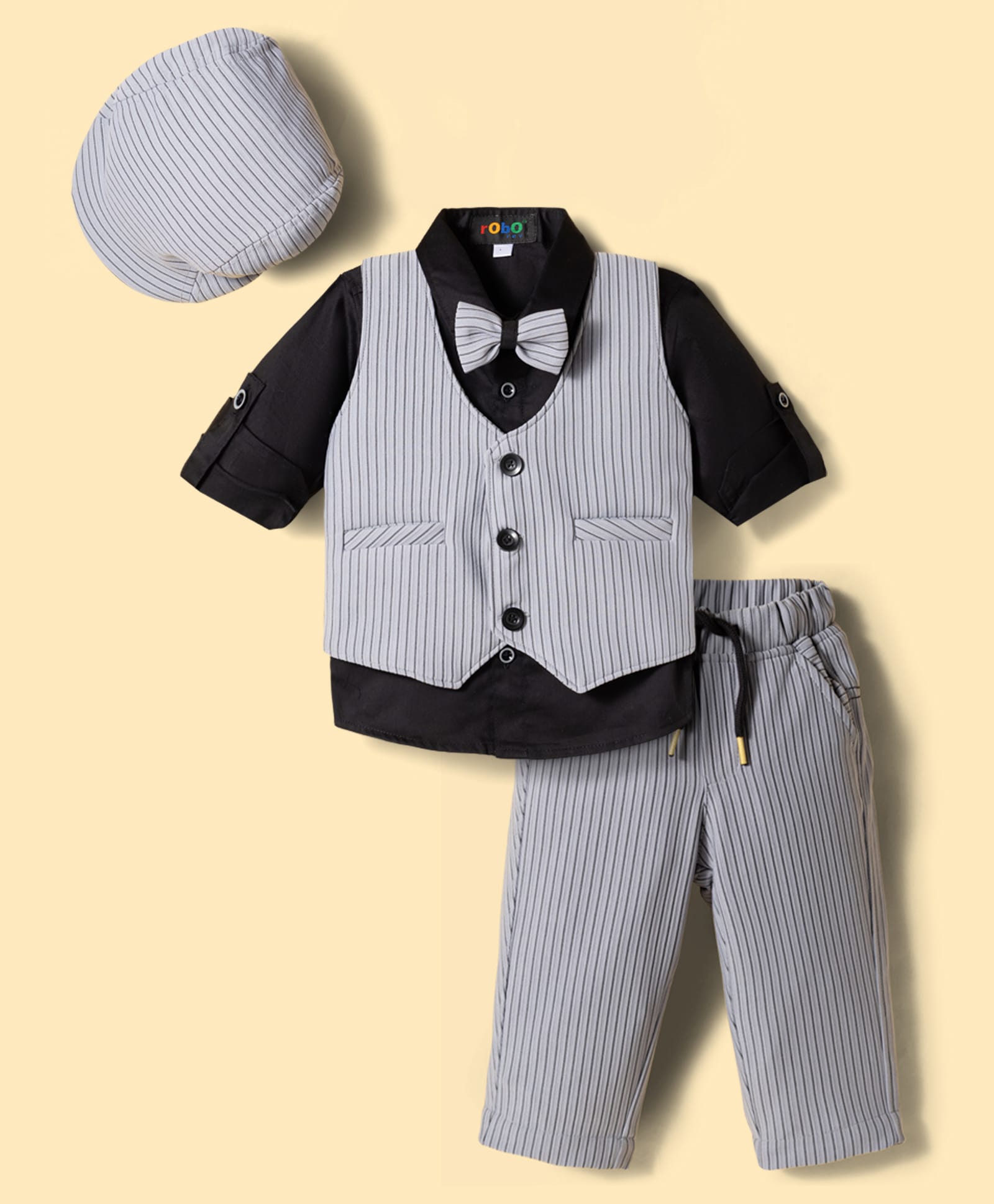 Robo Fry Cotton Woven Full Sleeves Striped Party 3 Piece Party Suit with Bow & Hat - Grey-picture-5