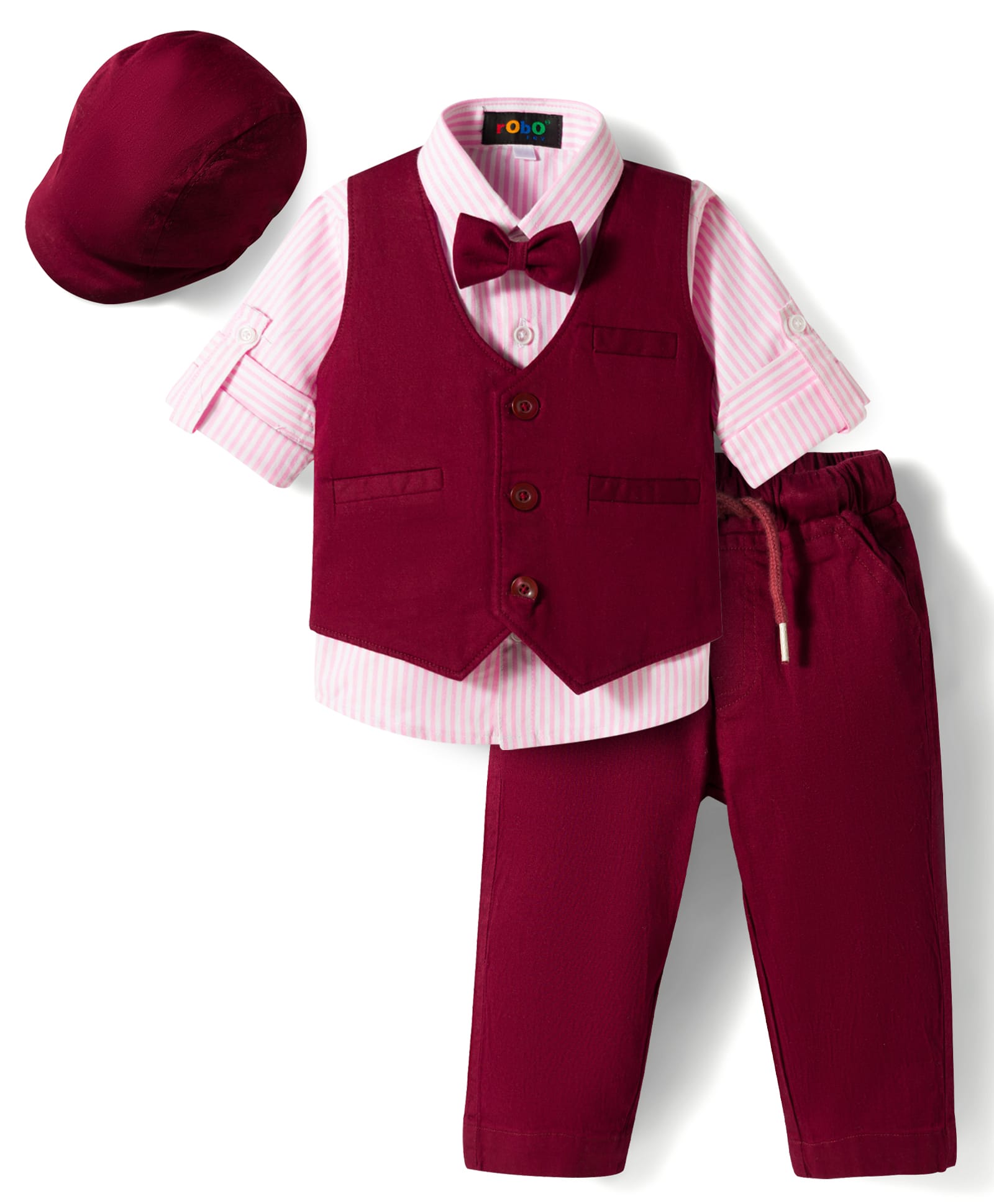 Robo Fry Cotton Woven Full Sleeves Striped 3 Piece Party Suit With Bow & Cap - Maroon-picture-31