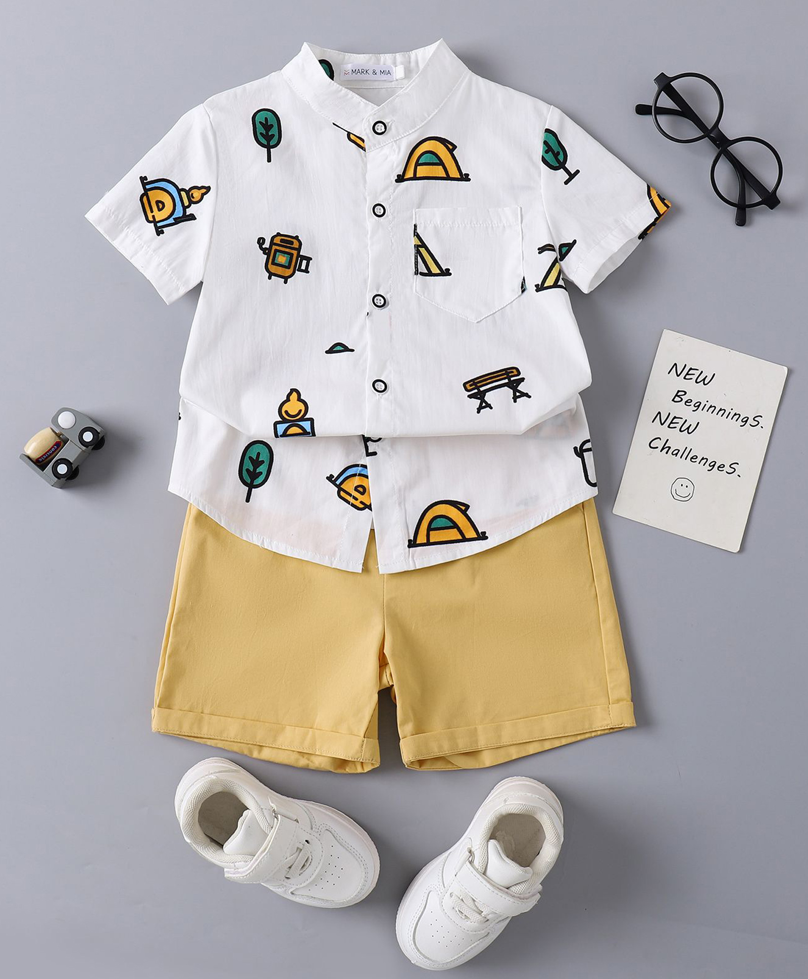 Mark & Mia Cotton Half Sleeves Printed Shirt & Shorts Set - White & Mustard Yellow-image-49