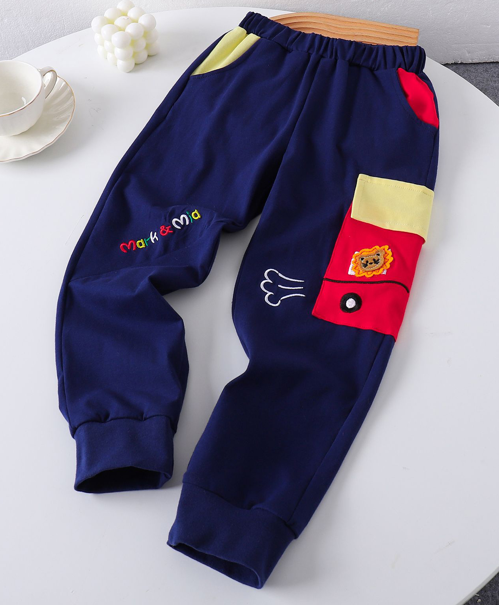 Mark & Mia Cotton Full Length Lounge Pant With Animal Patch & Text Embroidery - Navy Blue-picture-32