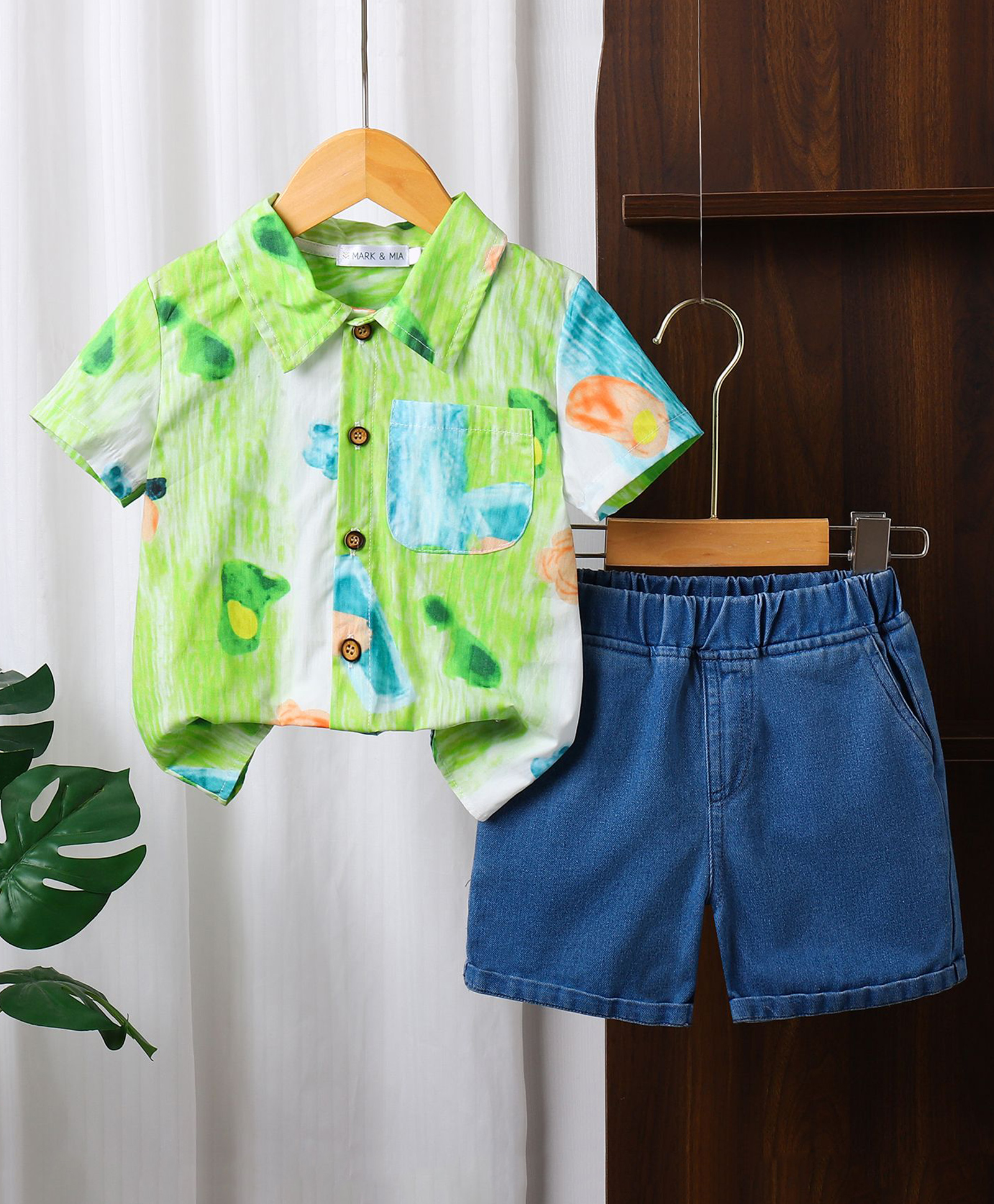 Mark & Mia Cotton Half Sleeves Printed Shirt & Shorts Set - Green-image-42