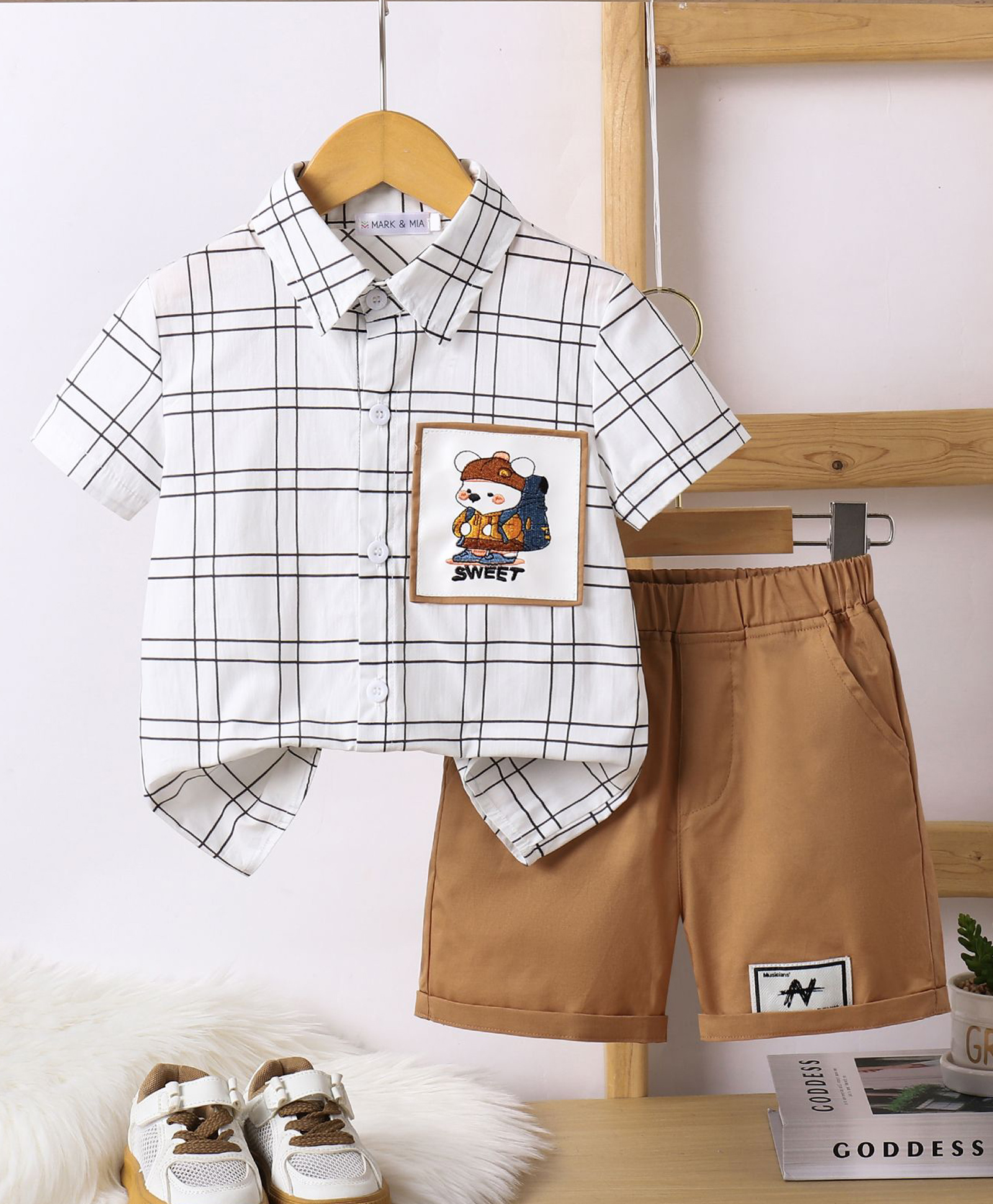 Mark & Mia Cotton Half Sleeves Checks Shirt & Shorts Set With Animal Patch - White-image-19