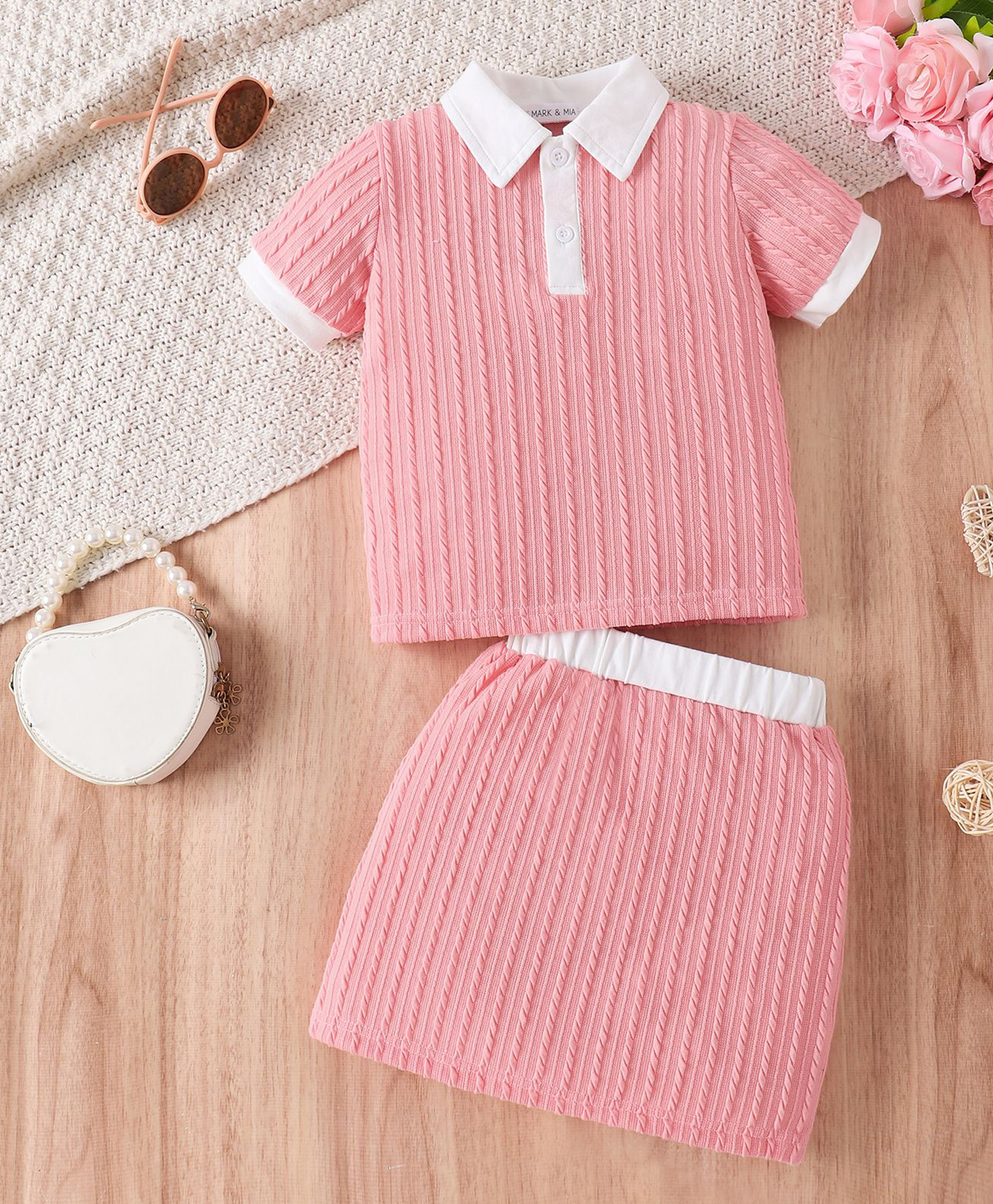 Mark & Mia Half Sleeves Solid Top & Skirt Set - Pink-image-13