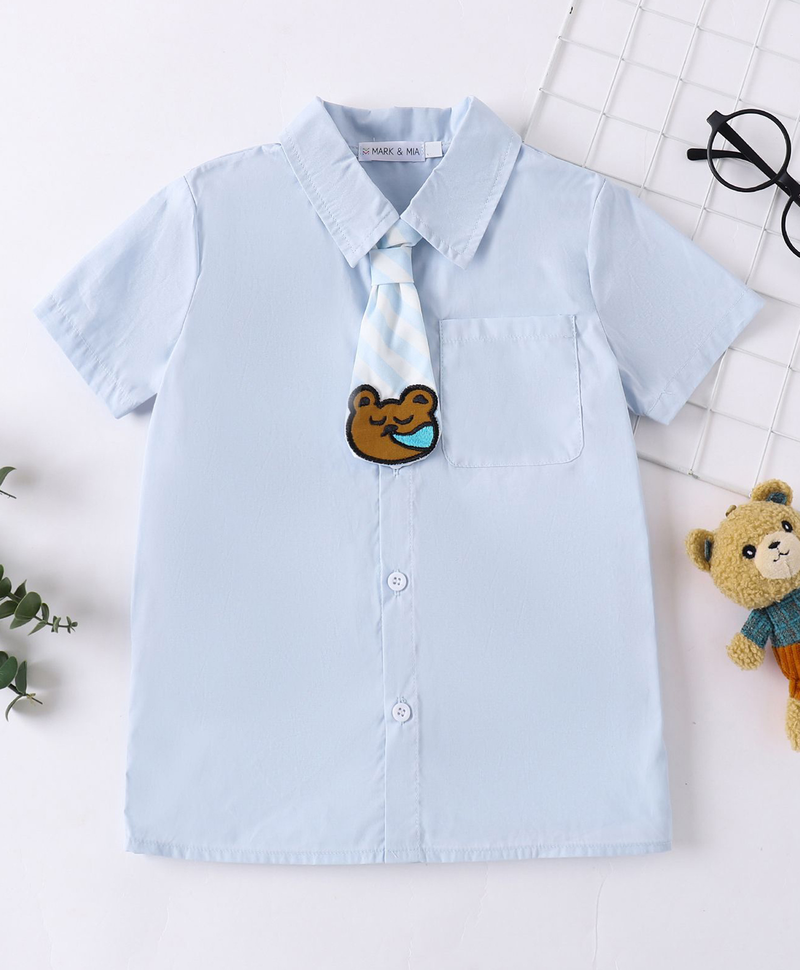 Mark & Mia 100% Cotton Half Sleeves Solid Shirt With Bear Patch Tie - Light Blue-picture-11