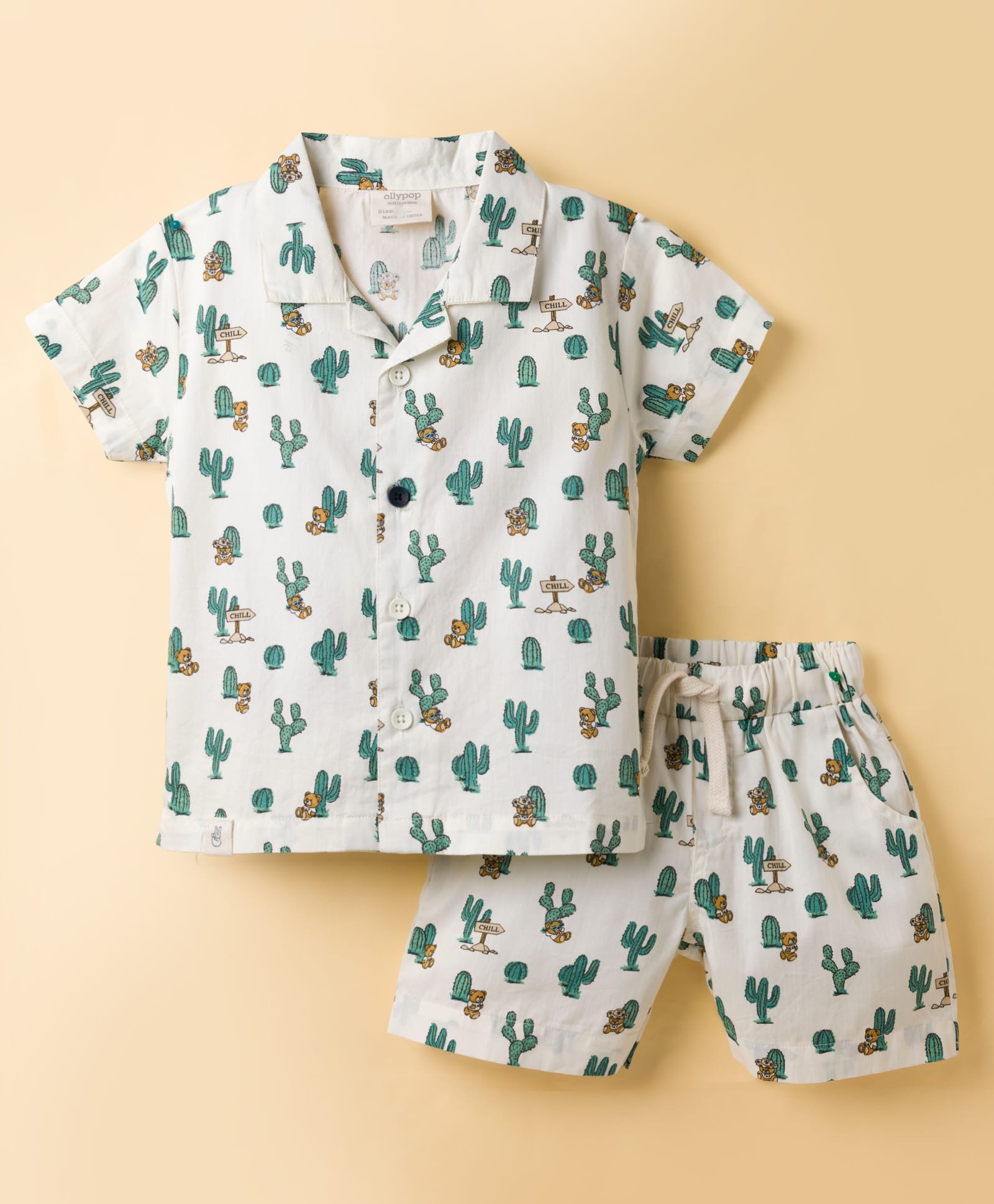 Ollypop Textile Woven Half Sleeves Co-ords Shirt & Shorts Night Suit with Chill Print - Green-picture-0