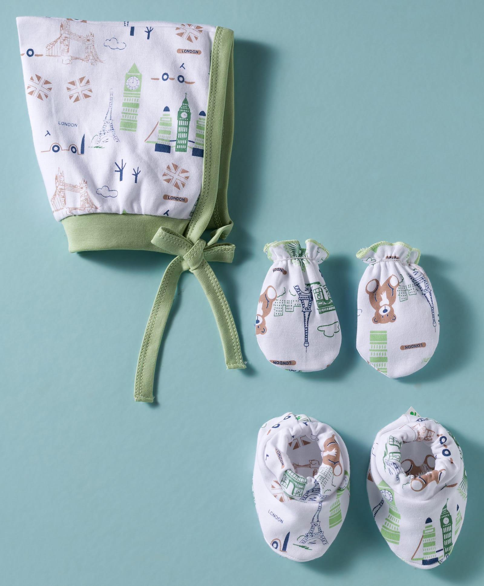 Child World Interlock Knit Monuments Printed Cap Mittens & Booties Green - Diameter 12 cm-picture-22