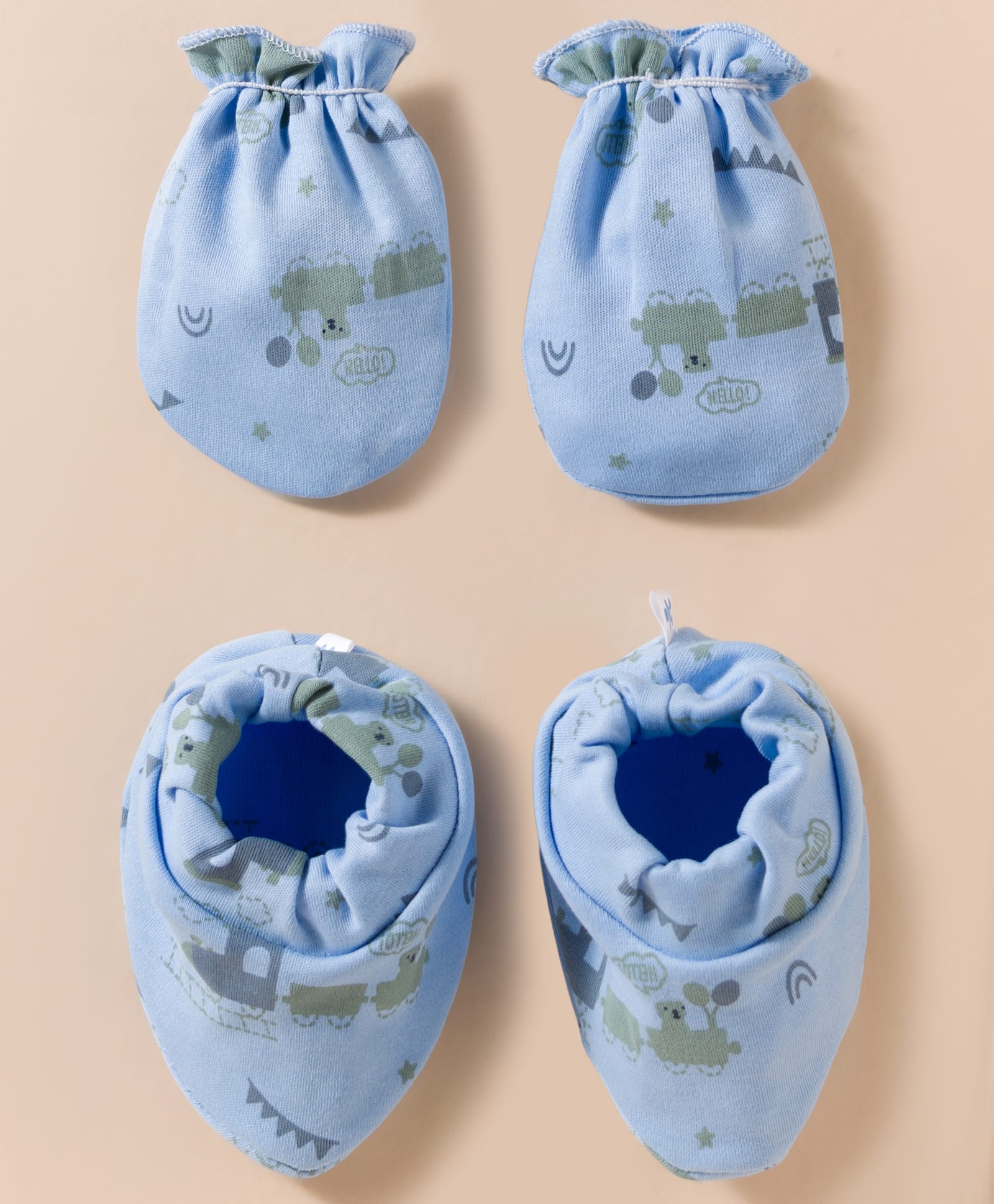 Child World Interlock Knit Mittens & Booties Set with Train Print - Light Blue-picture-12