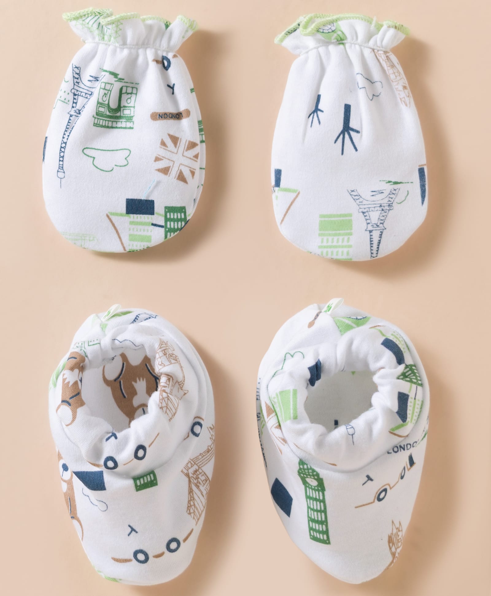 Child World Interlock Knit Mittens & Booties Set with Teddy Bear Print - Green-picture-24