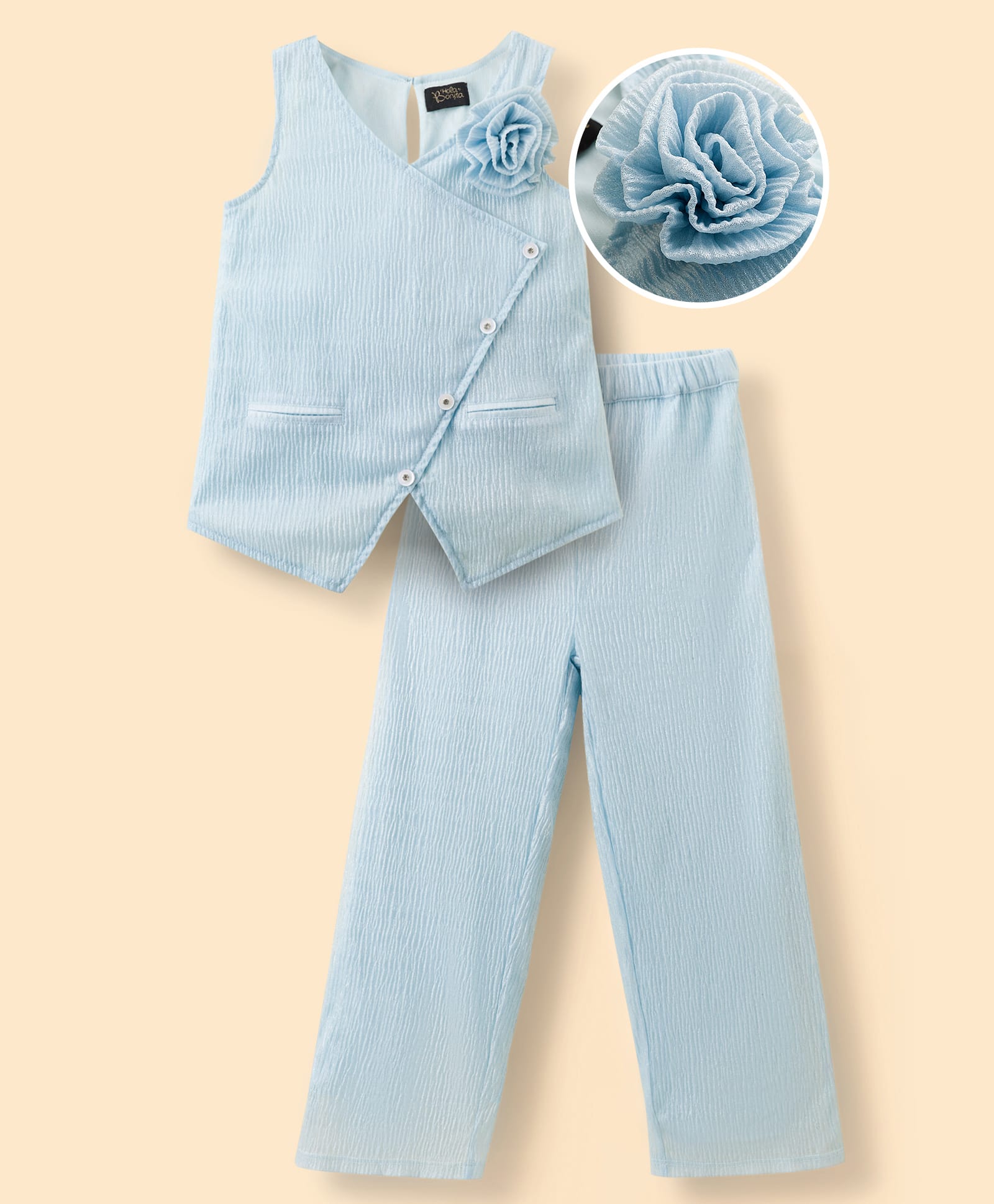 Hola Bonita Knit Sleeveless Overlapping Glittered Top & Pant Set with Floral Applique - Light Blue