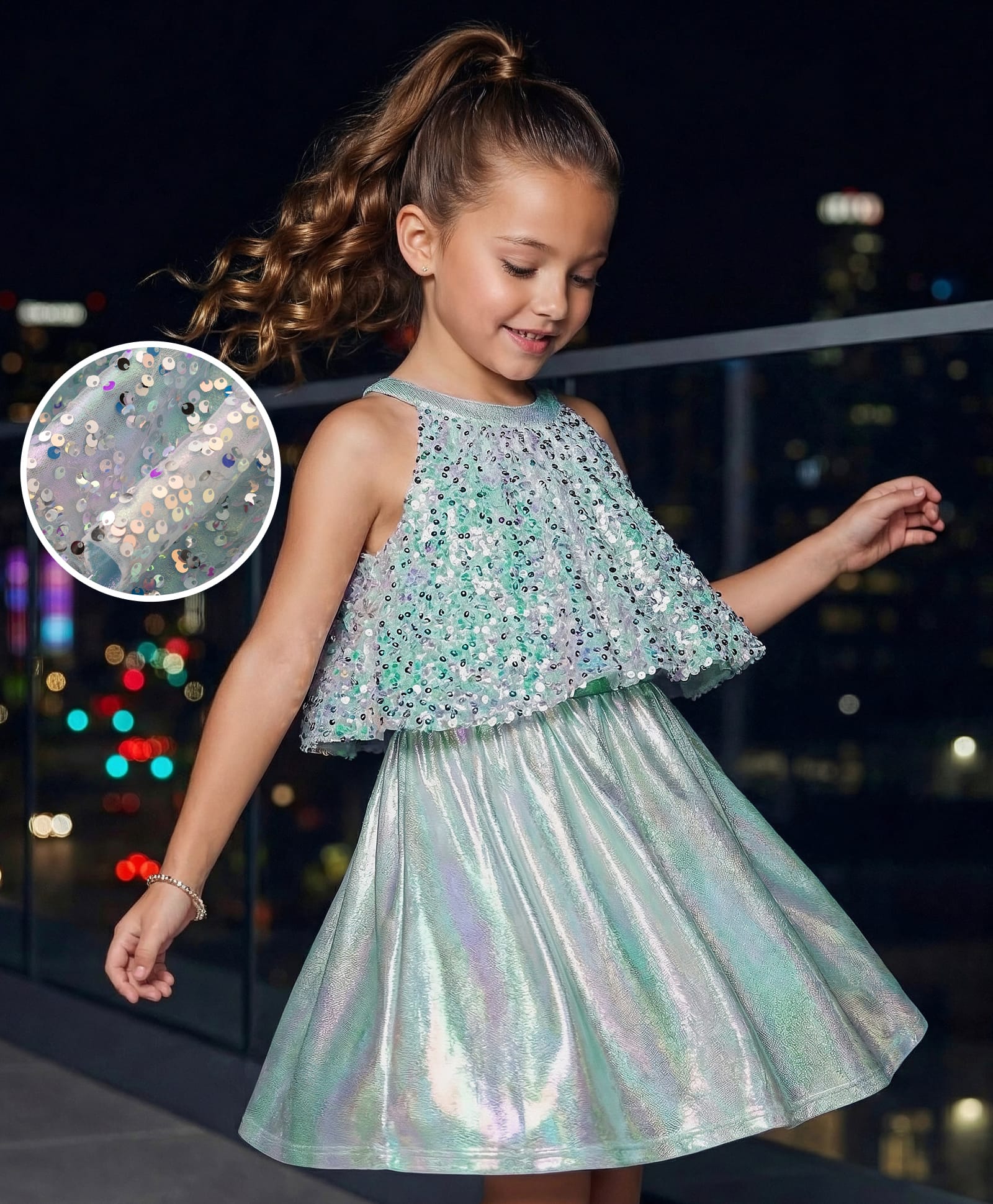 Hola Bonita Knit Sleeveless Halter Neck Shimmer Party Dress With Sequin Detailing - Mint-image-47