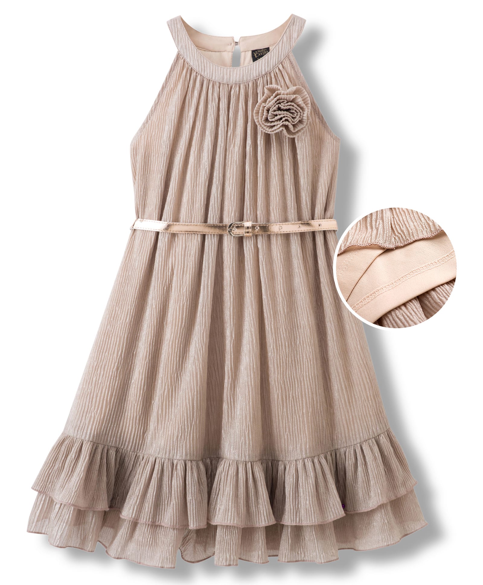 Hola Bonita Knit Sleeveless Structured Shimmer Party Dress With Belt - Gold