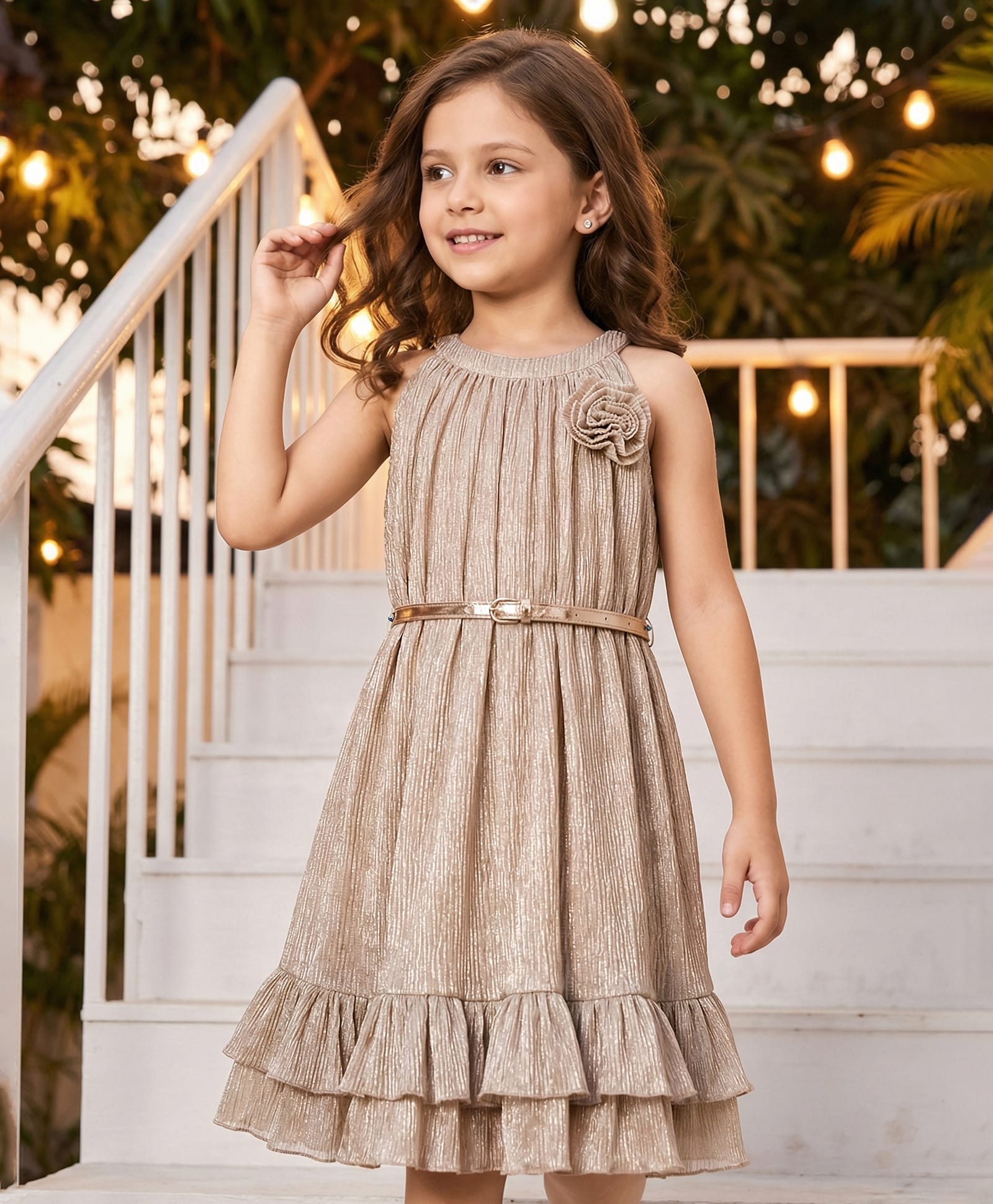 Hola Bonita Knit Sleeveless Structured Shimmer Party Dress With Belt - Gold-image-12