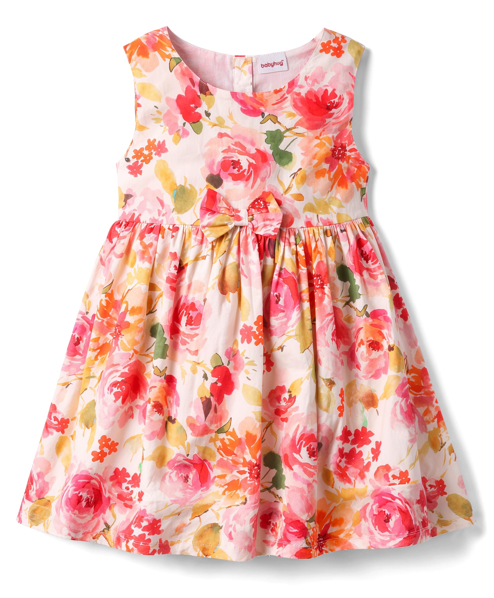 Babyhug Cotton Woven Sleeveless Frock with Floral Print & Bow Applique - Multicolor-image-33