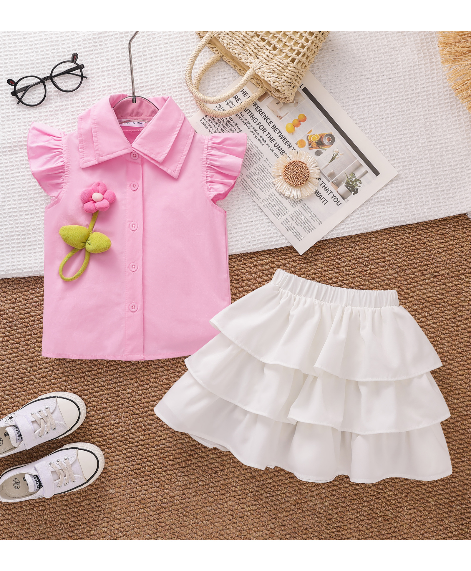 Mark & Mia Cotton Frill Sleeves Top & Skirt Set with Floral Applique - Pink & White