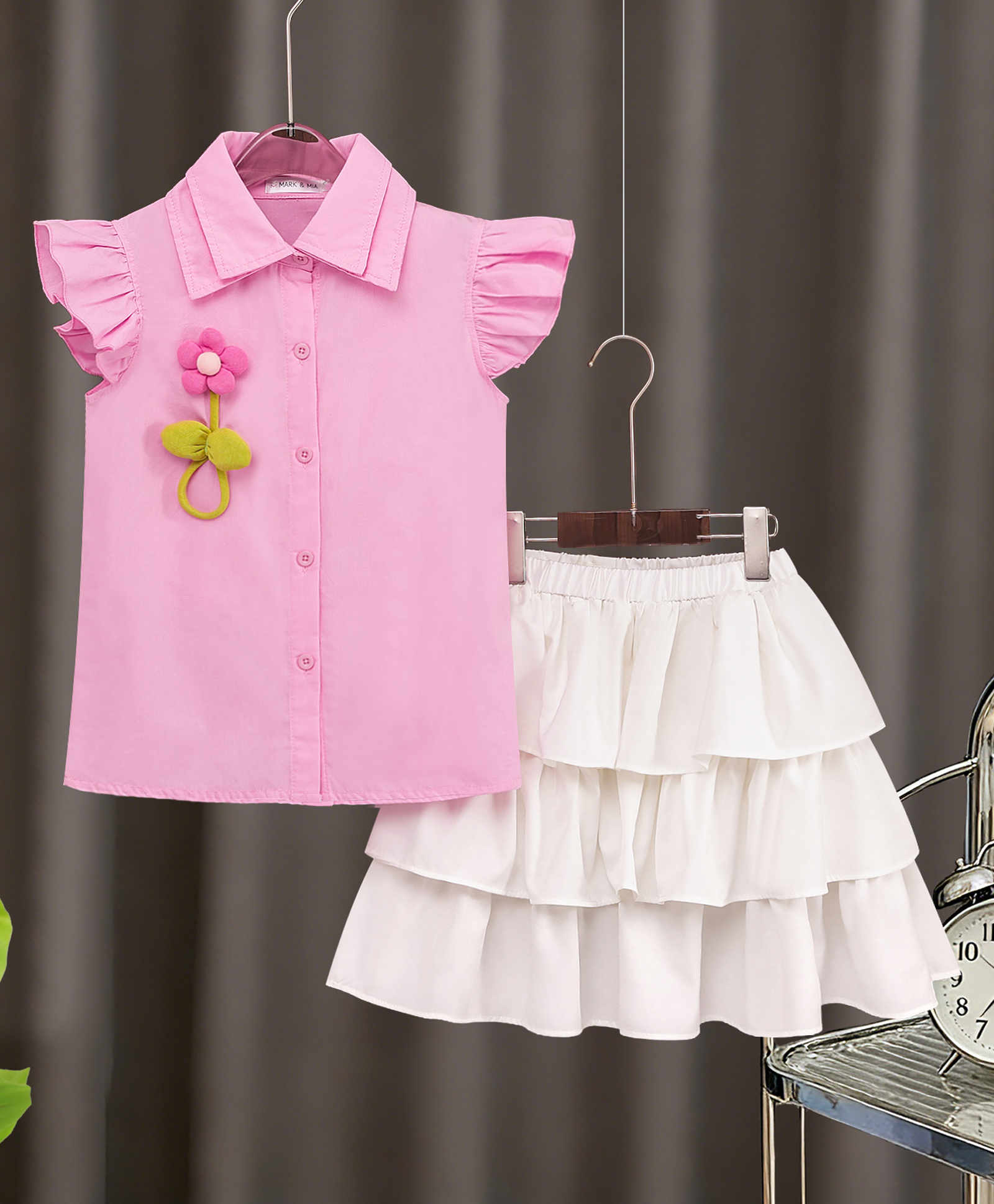 Mark & Mia Cotton Frill Sleeves Top & Skirt Set with Floral Applique - Pink