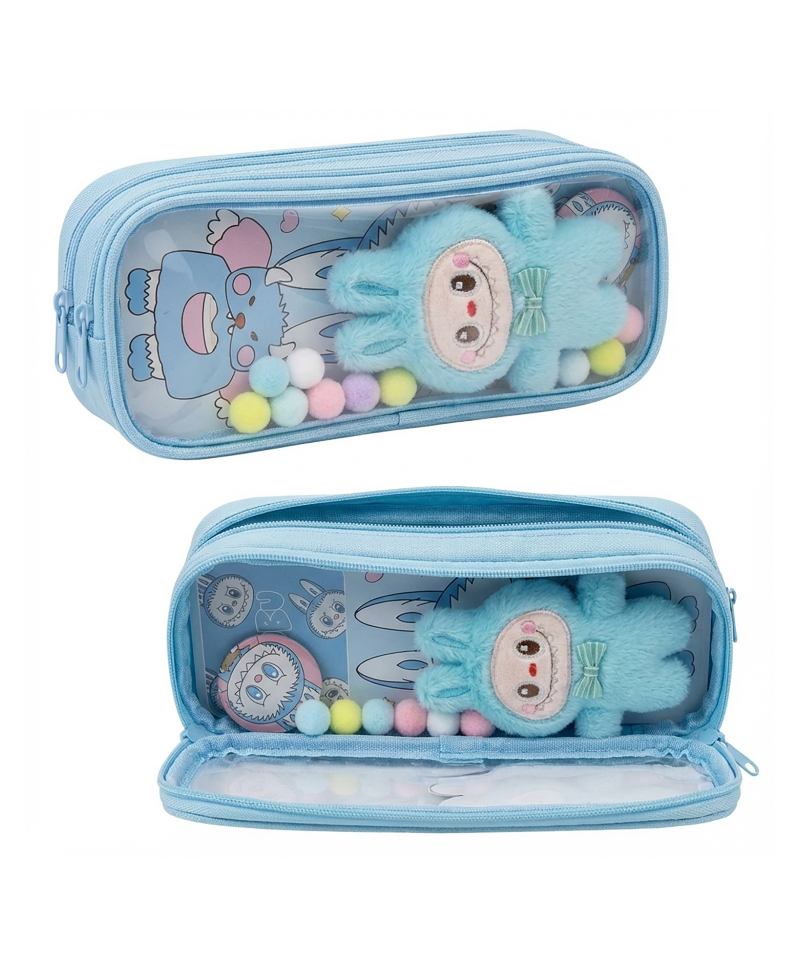 FunBlast Cute Labubu Pencil Pouch with Transparent Front - Pack of 1 (Blue)-picture-20
