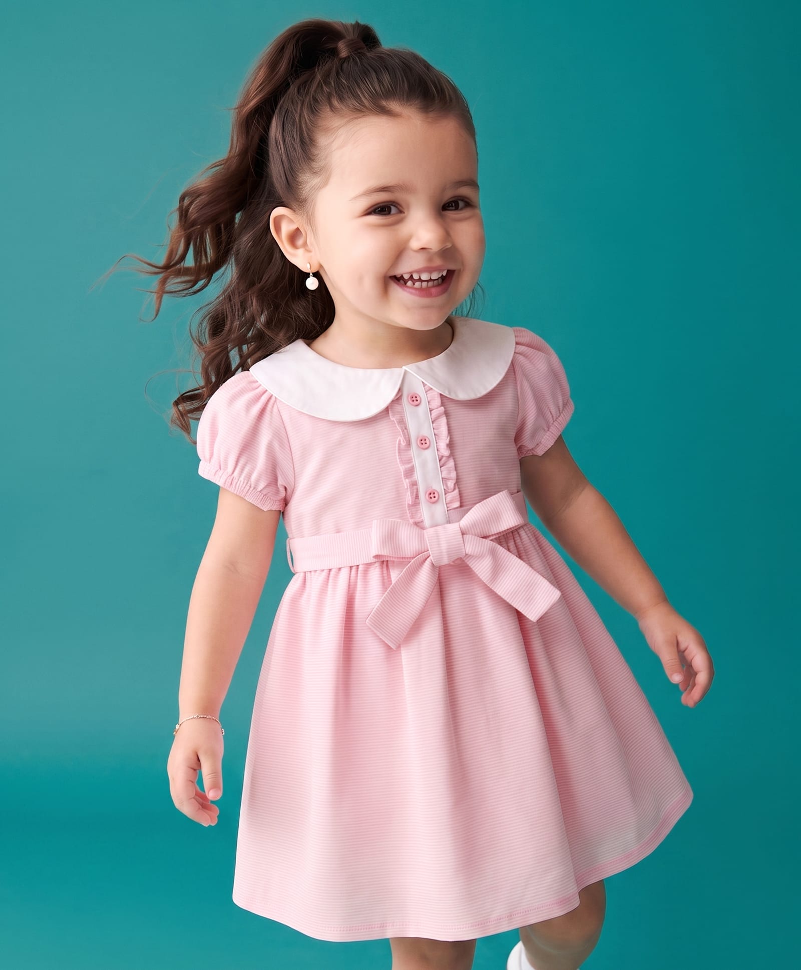 Babyhug Cotton Woven Dress with Short Sleeves and Bow Detail in Pink for 5-6 Years-image-38