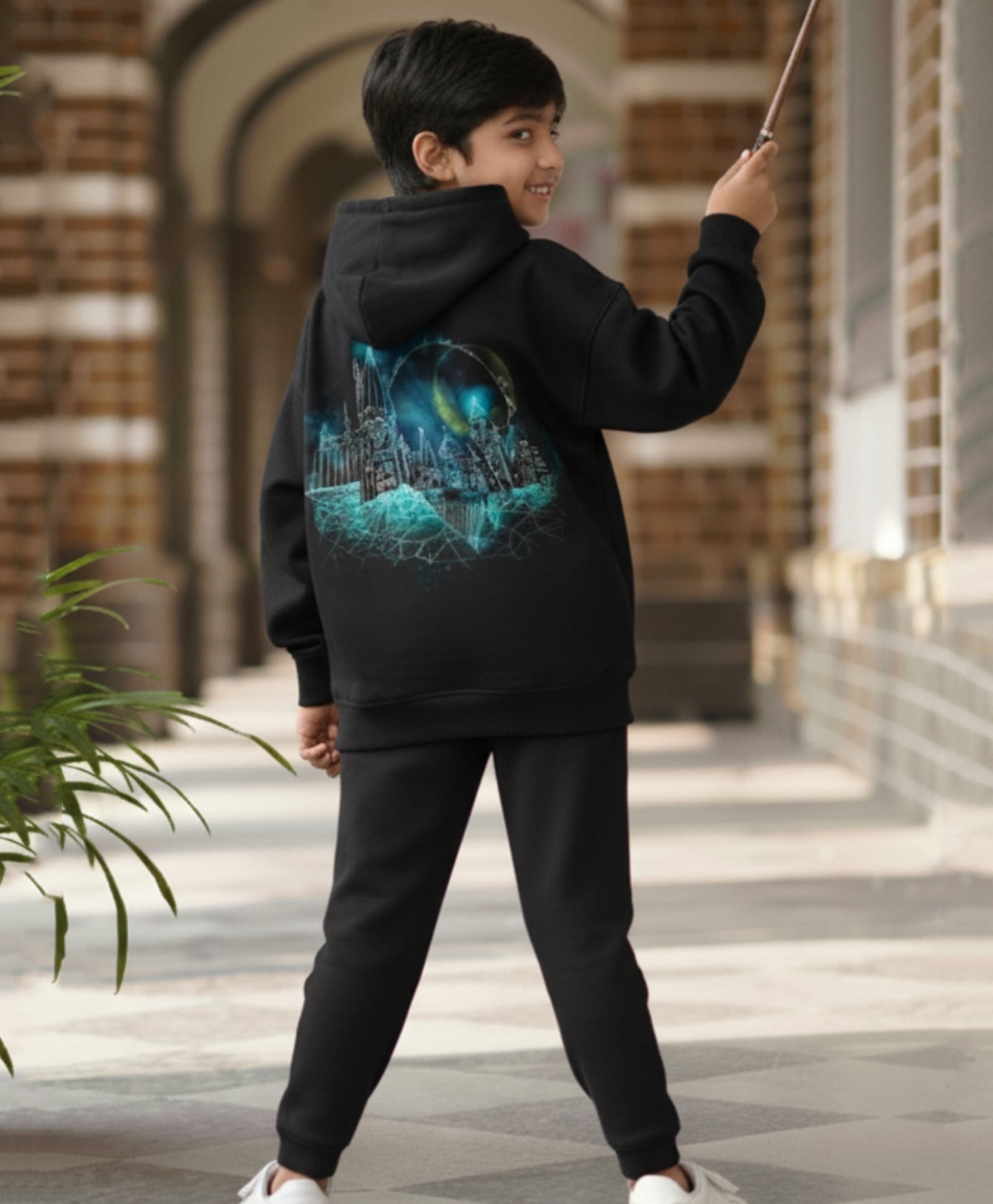 Nap Chief Cotton Knit Warner Bros Featuring Full Sleeves Hogwarts Text Printed Hooded Winter Sweatshirt & Joggers Set - Jet Black-image-4