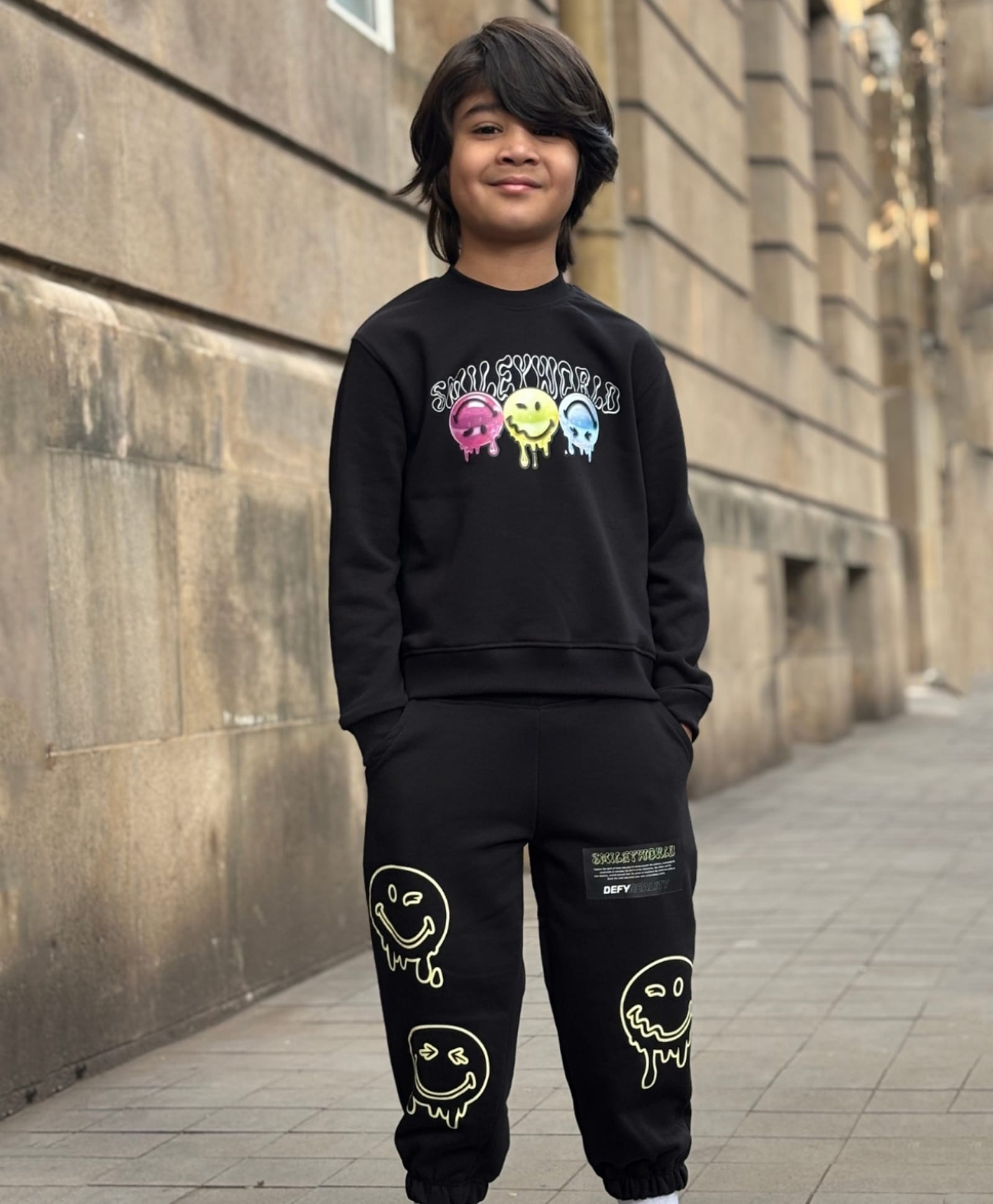 Nap Chief Cotton Knit Full Sleeves Smiley Printed Winter Sweatshirt & Joggers Set - Jet Black-image-33