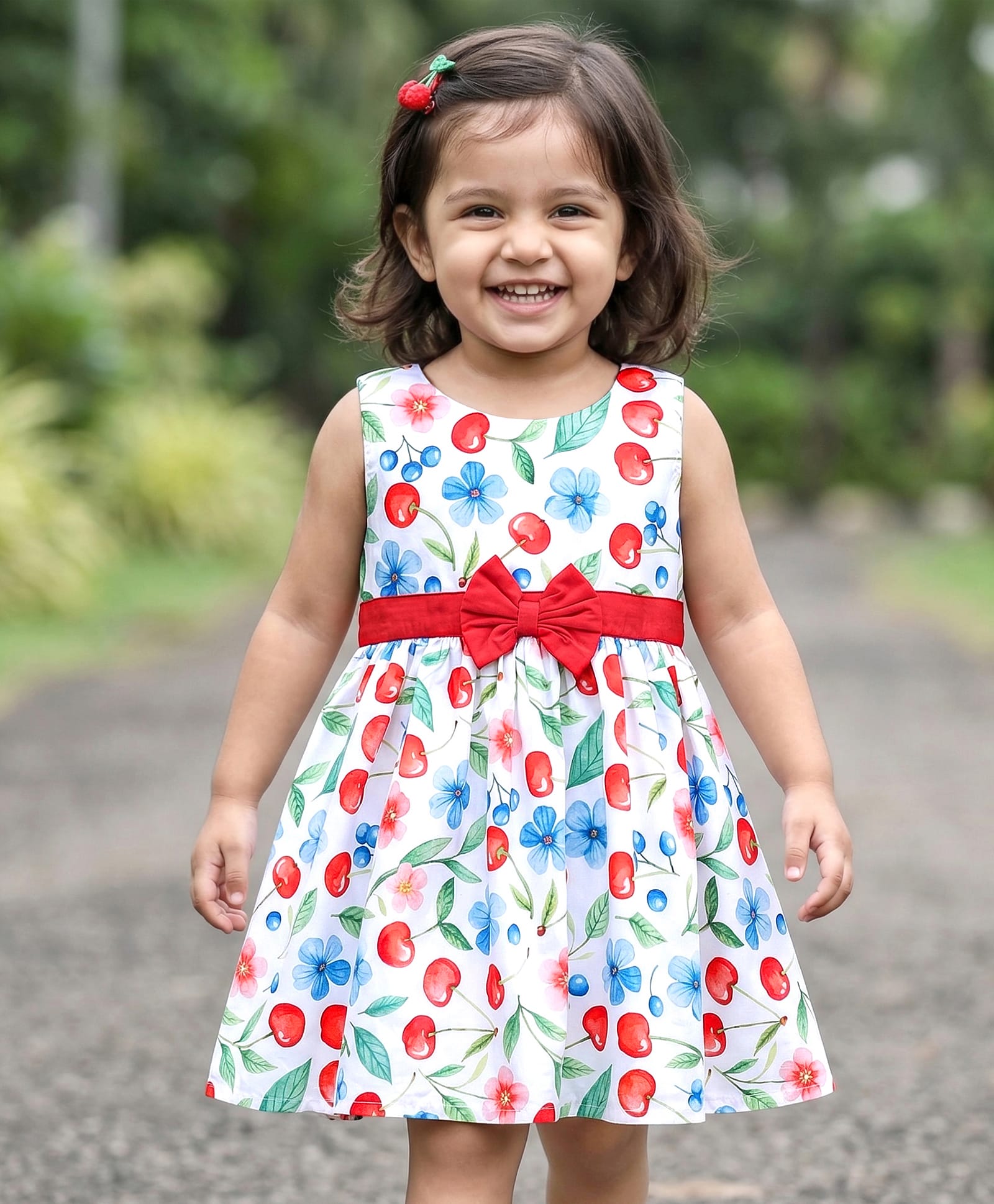 Babyhug Poplin Woven Sleeveless Frock With Floral Print & Bow Applique - White-image-24