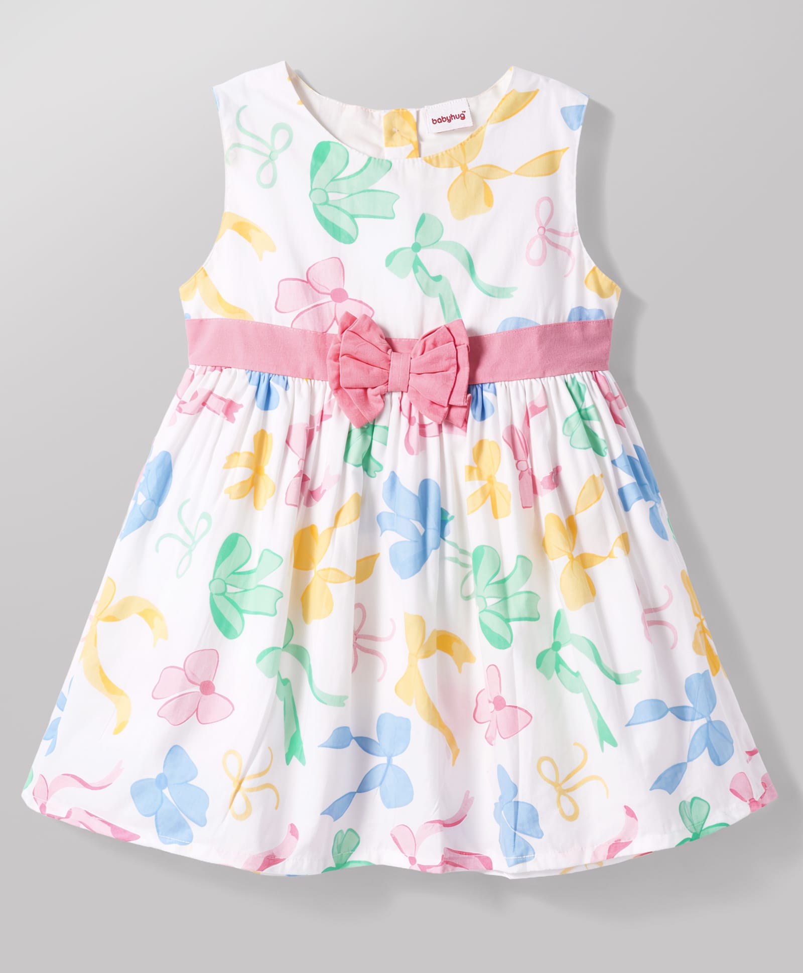 Babyhug Poplin Woven Sleeveless Frock With Bow Print & Applique - White-image-20