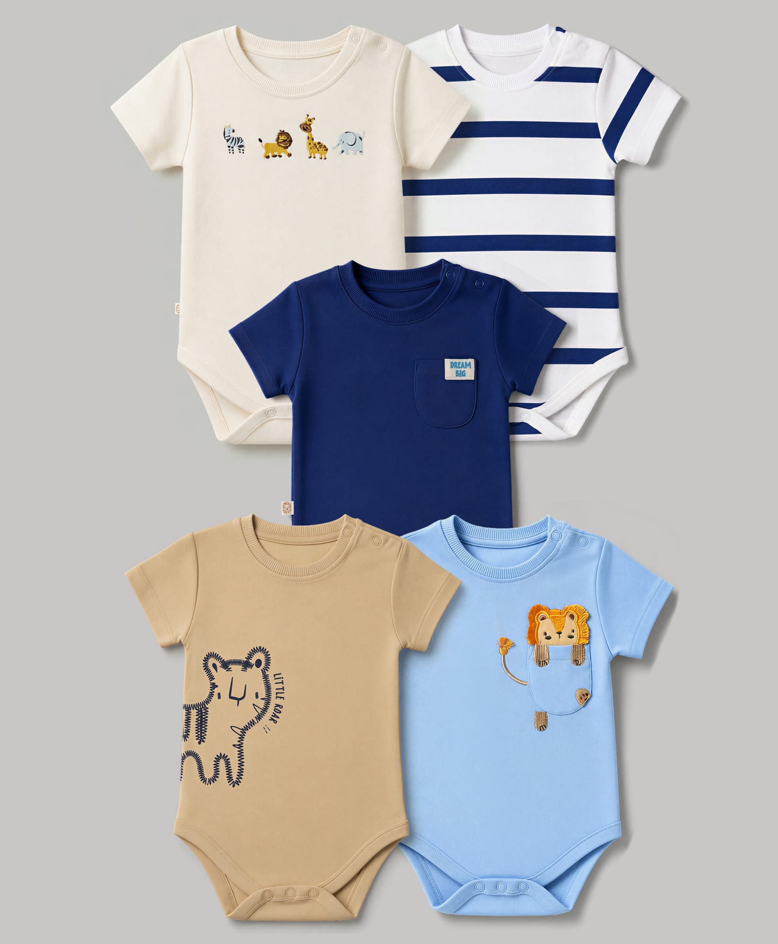 Bonfino 100% Cotton Knit Half Sleeves Striped & Animals Printed Onesies Pack Of 5 - White & Navy-picture-37