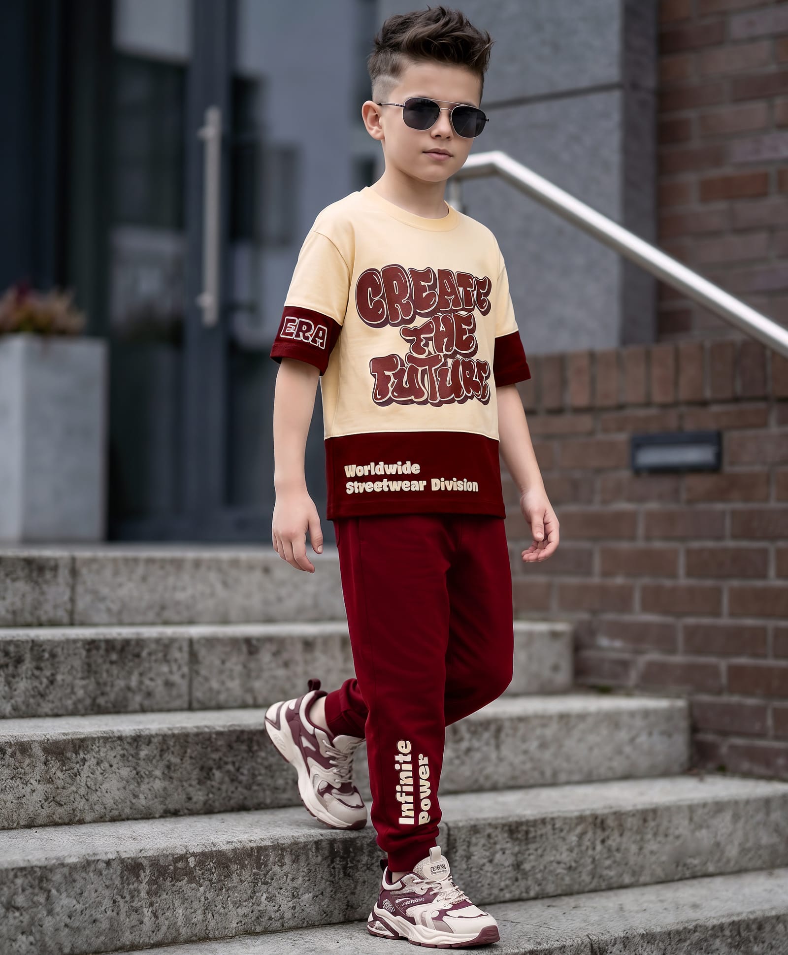 OLLINGTON ST. Sinker Knit Drop Shoulder Sleeves T-Shirt & Joggers Set With Text Print - Peach & Wine-image-33