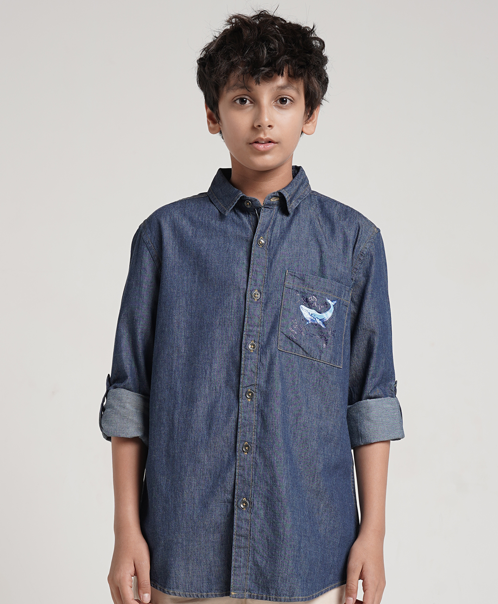 Under Fourteen Only Full Sleeves Whale Printed Shirt - Dark Blue-picture-15