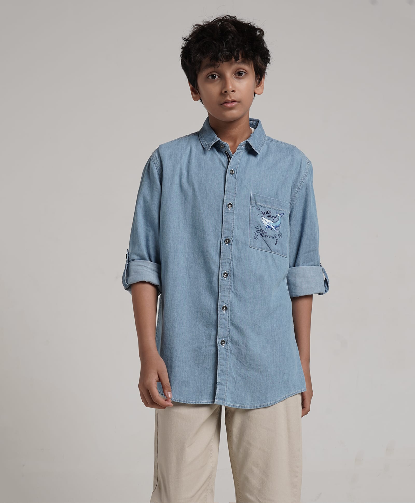 Under Fourteen Only Full Sleeves Whale Printed Washed Shirt - Light Blue-picture-14