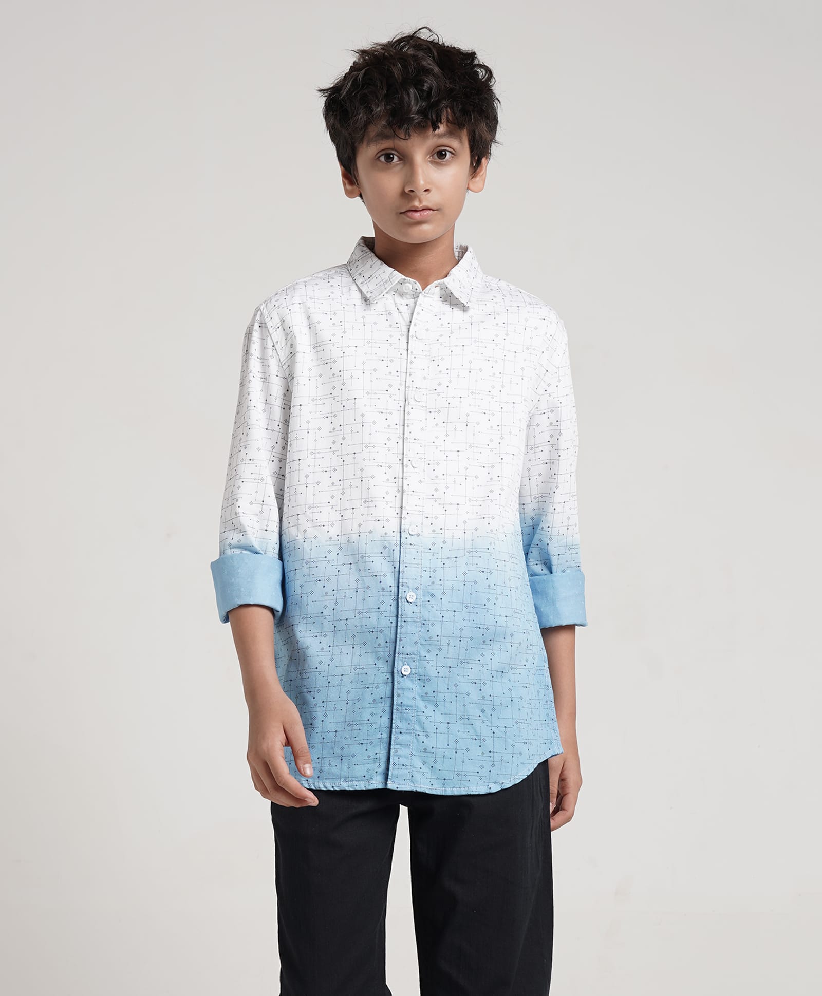 under fourteen only Under Fourteen Full Sleeves Geometric Printed Ombre Shirt - Neon Blue-picture-15