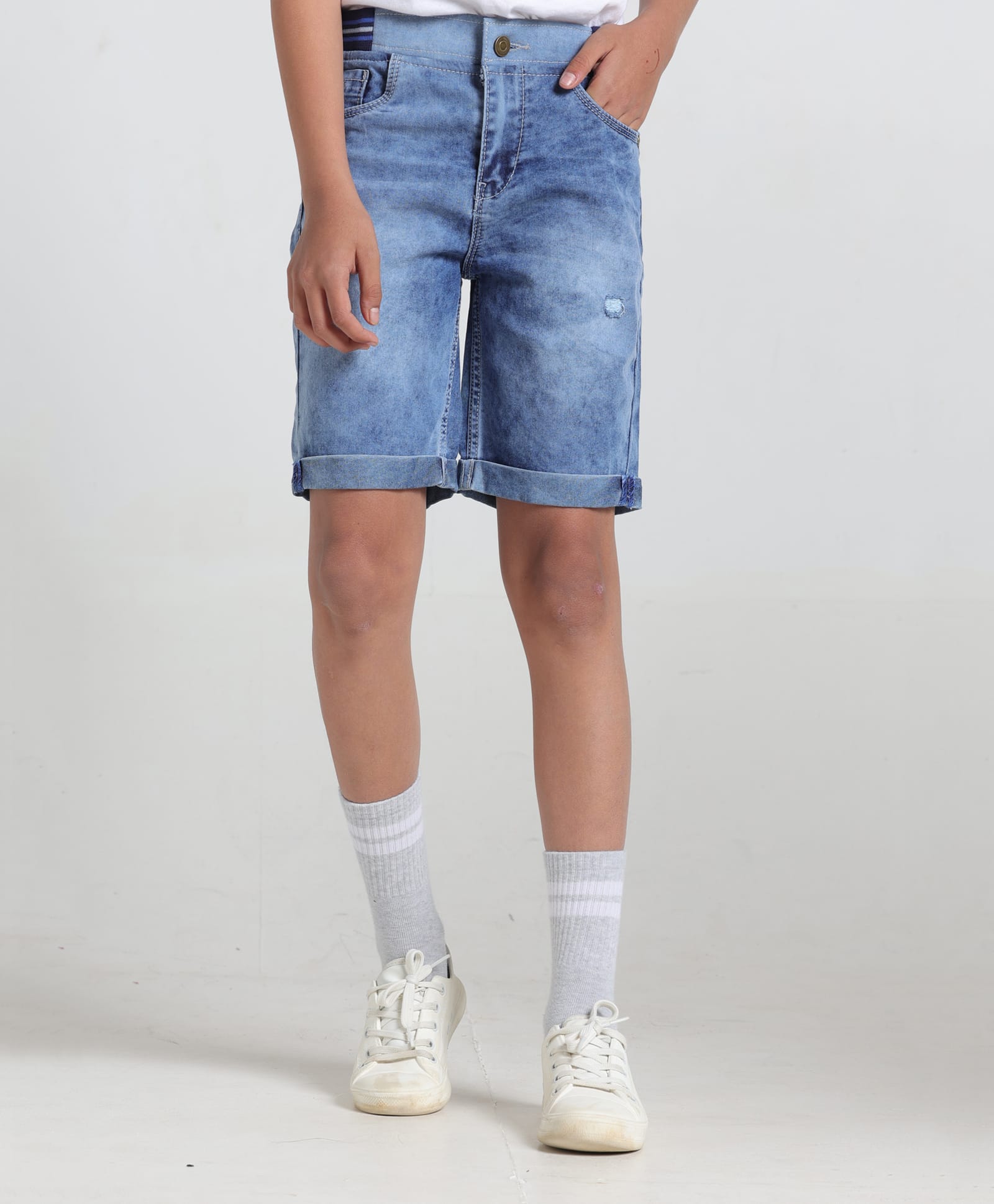 Under Fourteen Only Ribbed Waistband Washed & Distressed Shorts - Light Blue-picture-23