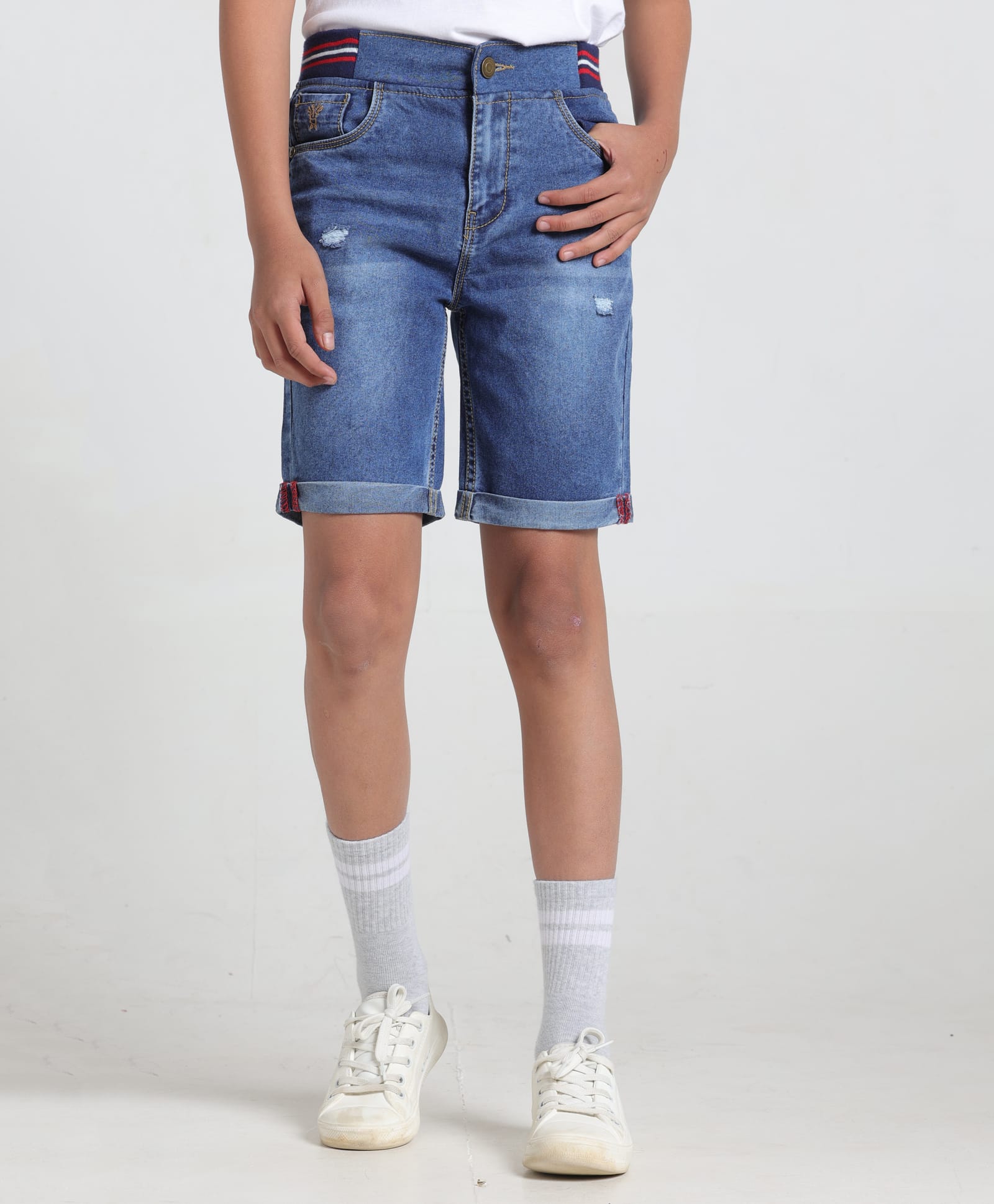 Under Fourteen Only Ribbed Waistband Washed & Distressed Shorts - Blue-picture-24
