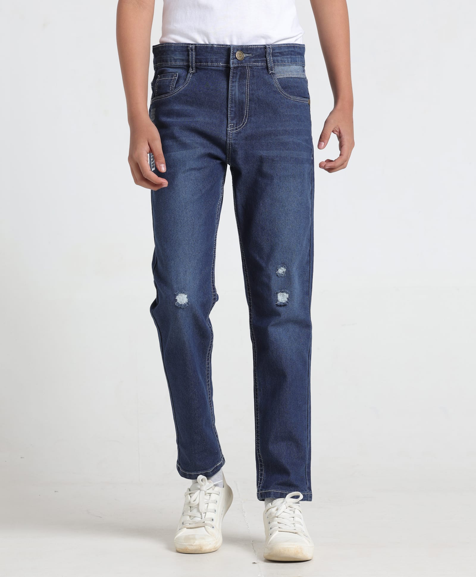 Under Fourteen Only Run For Fun Text Printed Washed & Distressed Jeans - Navy Blue-picture-16