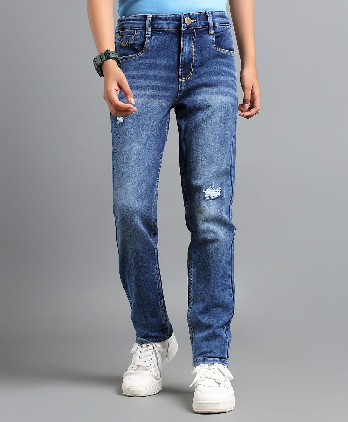 Under Fourteen Only Now Or Never Text Printed Washed & Distressed Jeans - Blue-picture-12