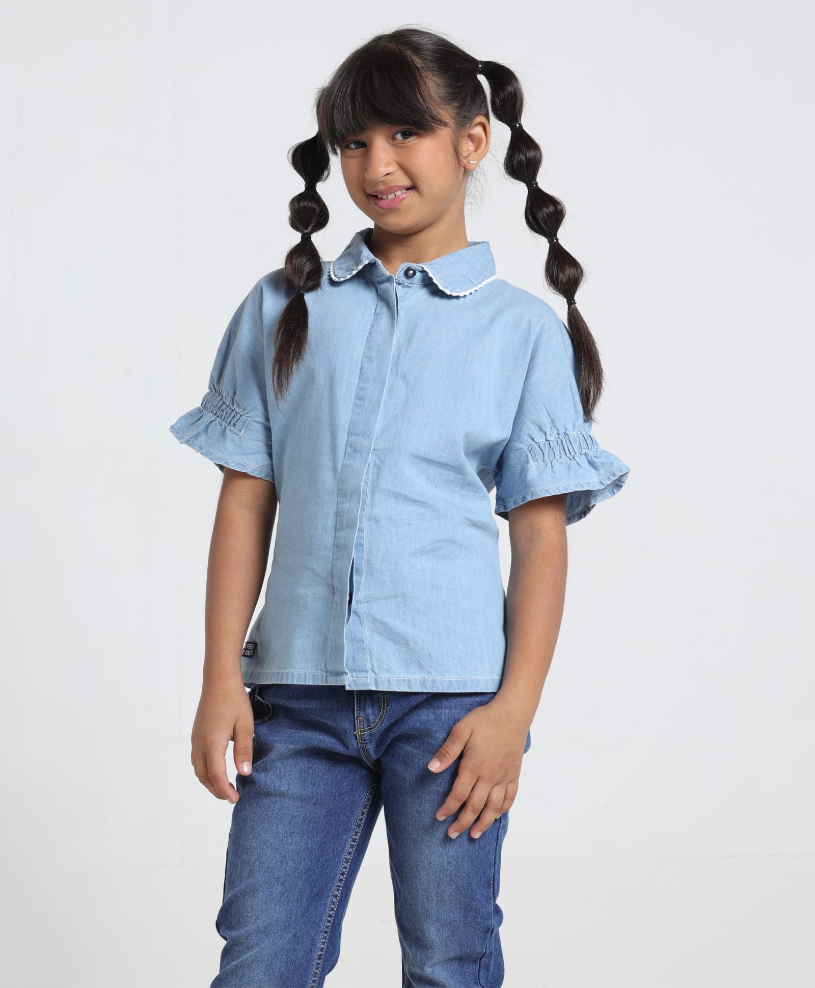 Under Fourteen Half Sleeves Solid Shirt Style Top - Light Blue-image-34