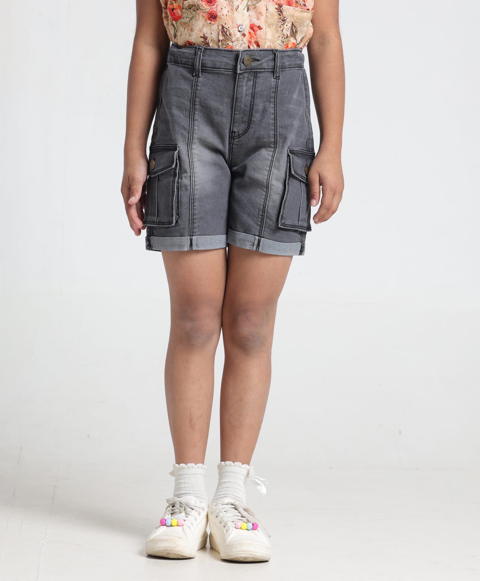 Under Fourteen Only Washed Cargo Style Cut N Sew Fold Up Hot Shorts - Black-picture-23