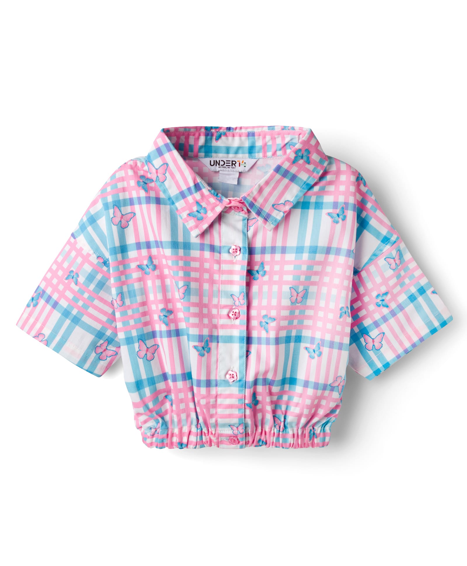 Under Fourteen Only Half Sleeves Checked & Butterfly Printed Shirt Style Top - Pink-image-14