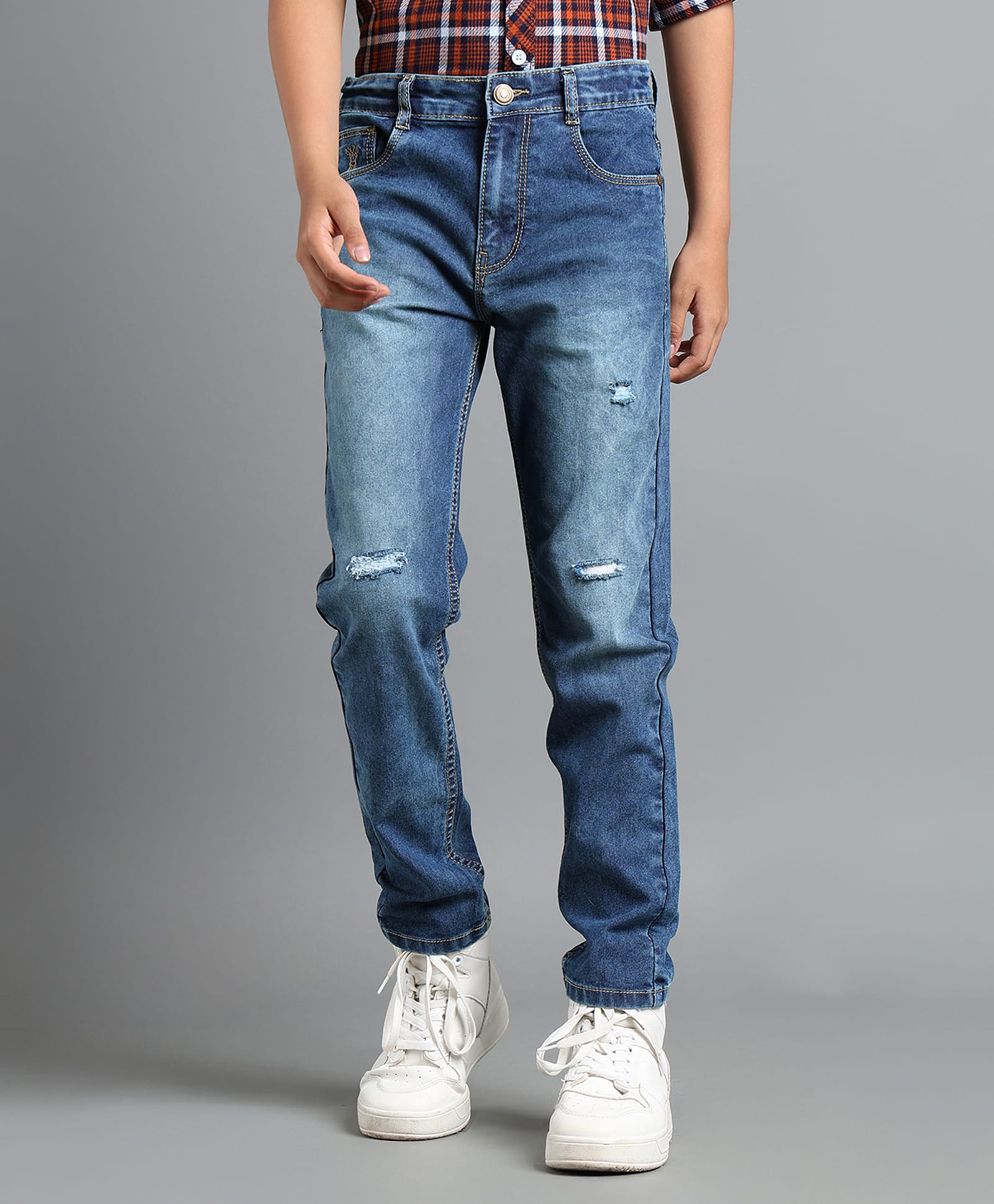 Under Fourteen Only Giraffe Face Embroidered Washed & Distressed Jeans - Mid Blue-picture-21