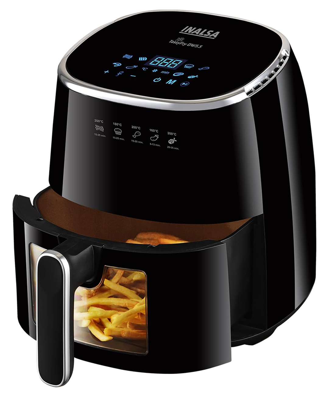 Inalsa Air Fryer for Home|5.5 liter Capacity|Visible Window & Internal Light|1600 W with Smart AirCrisp Technology|6-In-1 Appliance With 8 Preset Menu & Digital Display (Tasty fry DW5.5) Black-image-45