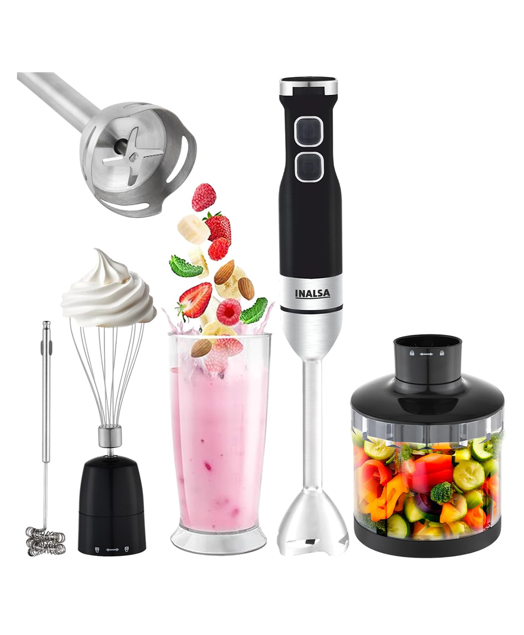 INALSA Hand Blender Mixer|1350W Copper Motor|Chopper,Coffee Beater/Frother,Whisker&Jar Attachment|Low Noise|20 Speed Control&Turbo Mode|BPA Free|Anti-Splash|2-Yr Warranty,Robot INOX 1350 Blend N Froth-image-10