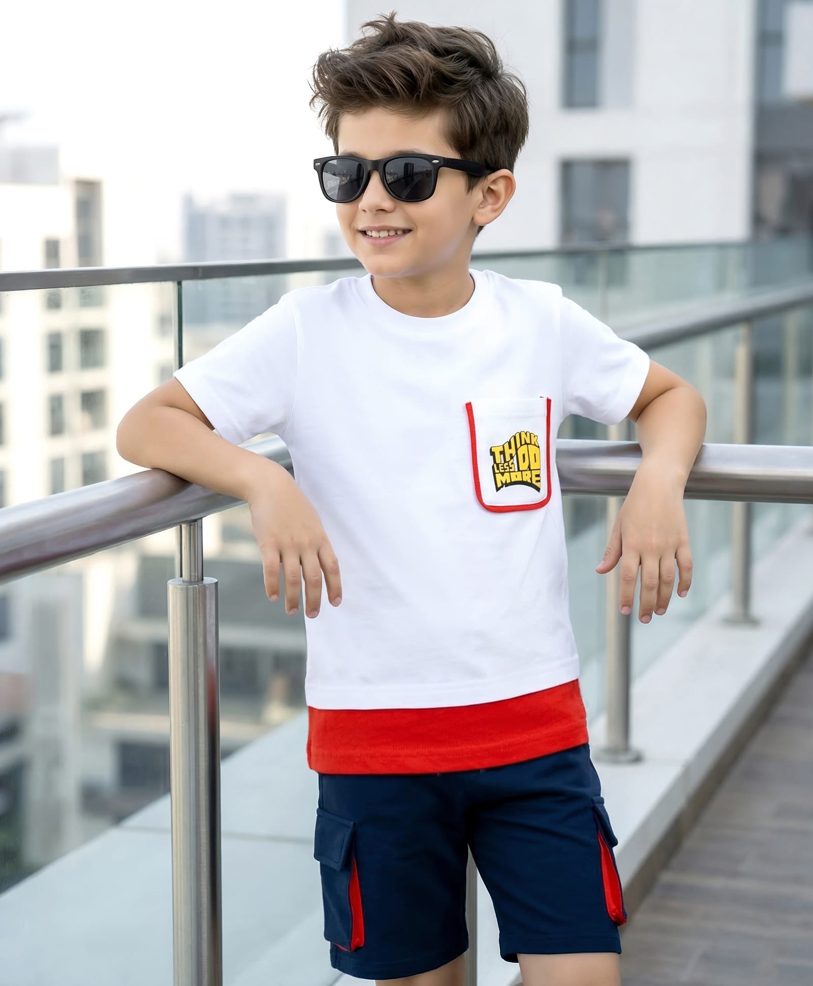 OLLINGTON ST. Cotton Knit Half Sleeves T-Shirt & Shorts Set with Text Print - White & Blue-picture-34